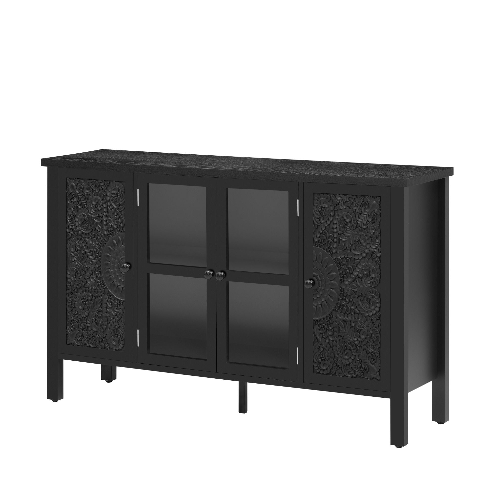Retro TV Stand With 3 Spacious Cabinets, Glass Cabinet Doors And Anti-Tip Device