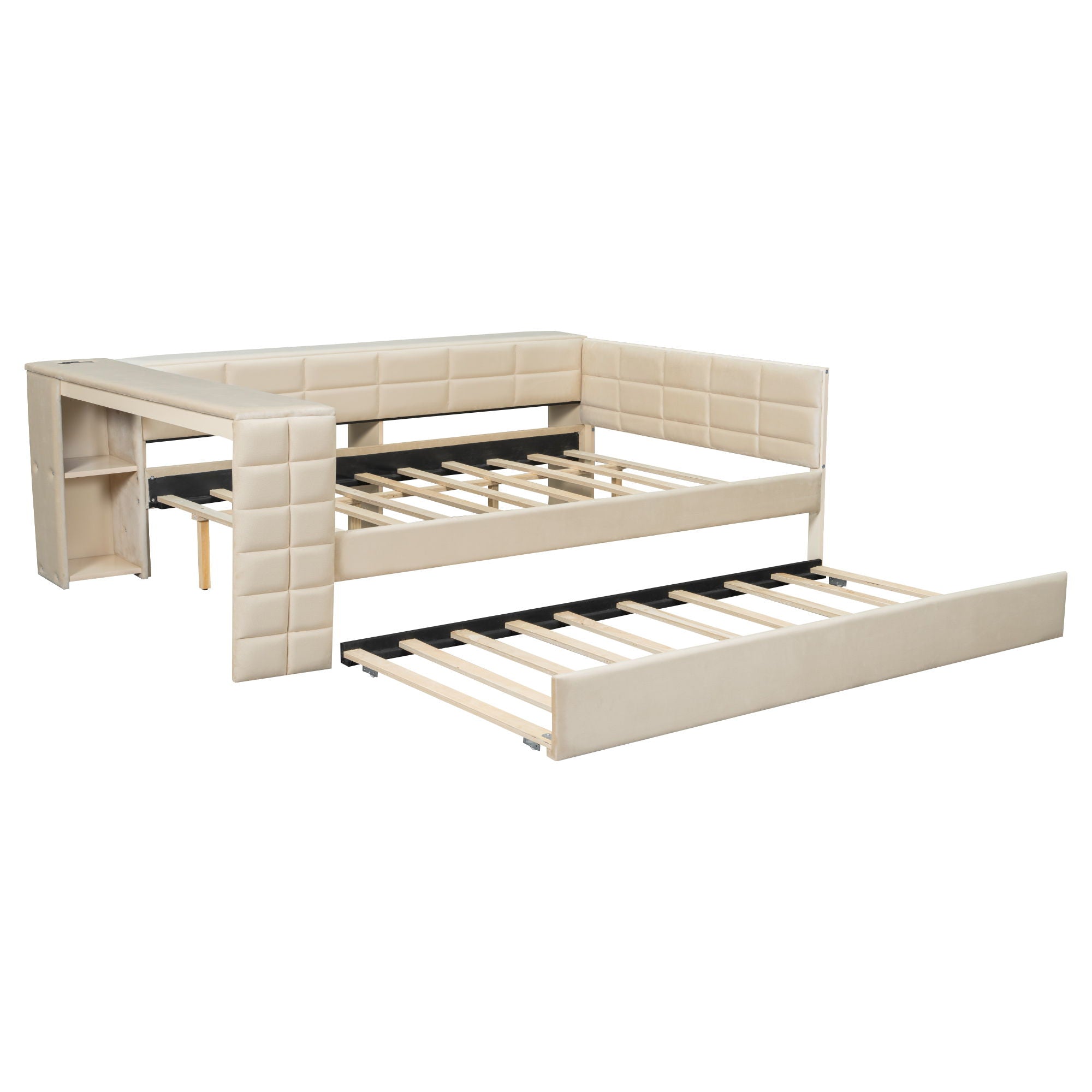 Upholstered Platform Bed With Storage Shelves, Desk, Charging Station And Trundle