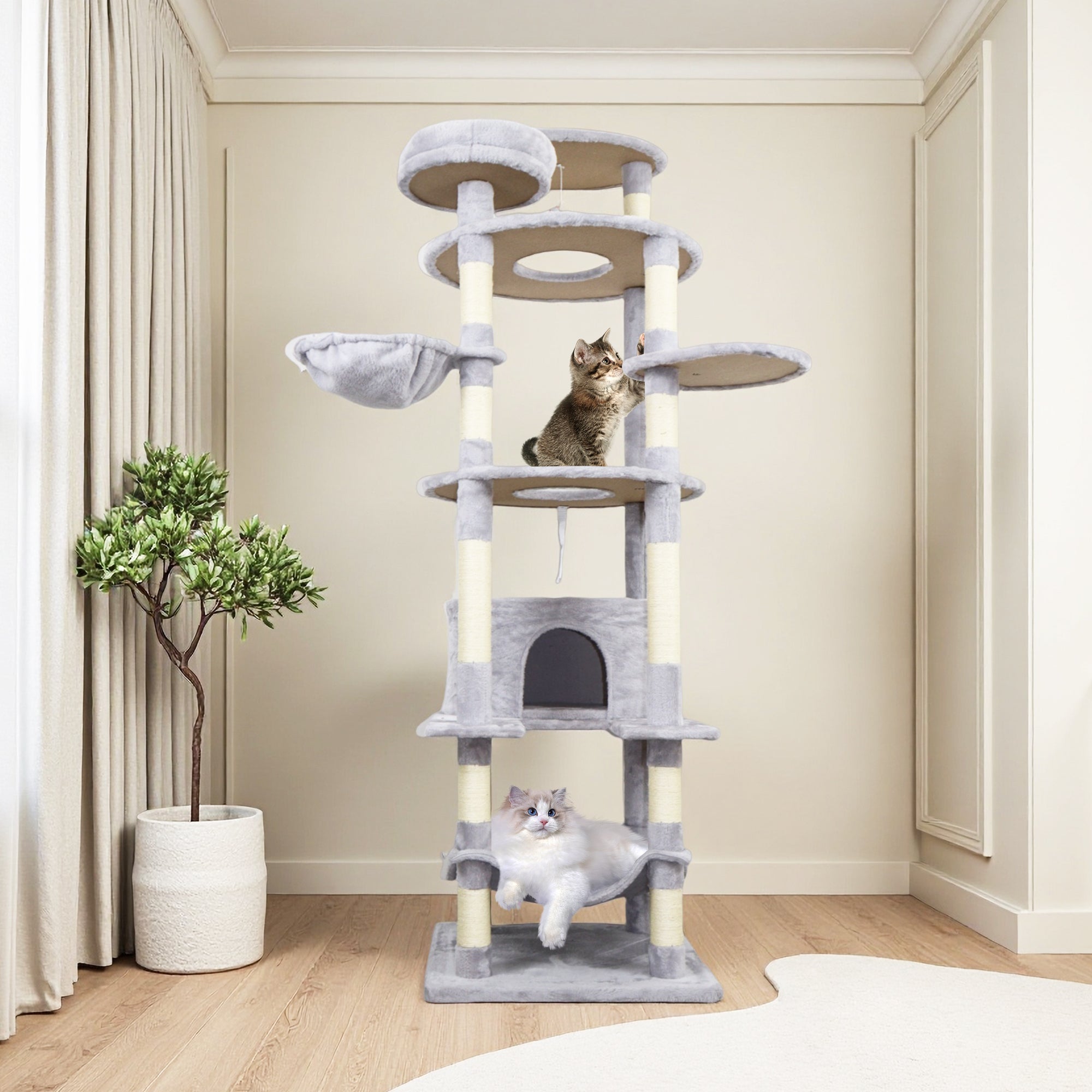 Gray Cat Tree with 3 Condos and Sisal Scratching Posts