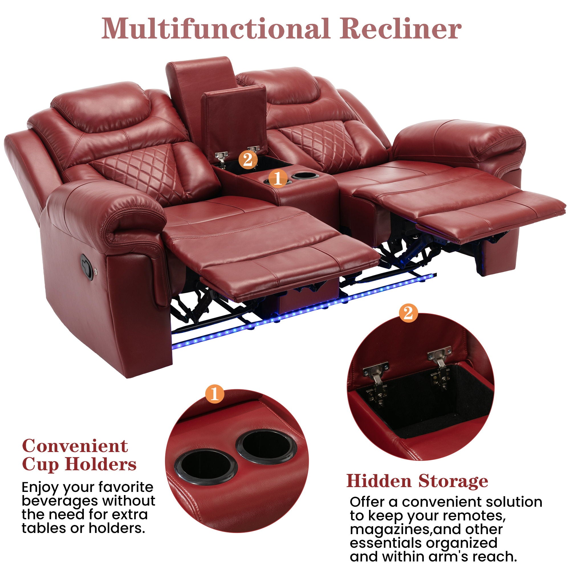 3 Pieces Recliner Sofa Sets Home Theater Seating Manual Recliner Chair With Center Console And LED Light Strip For Living Room