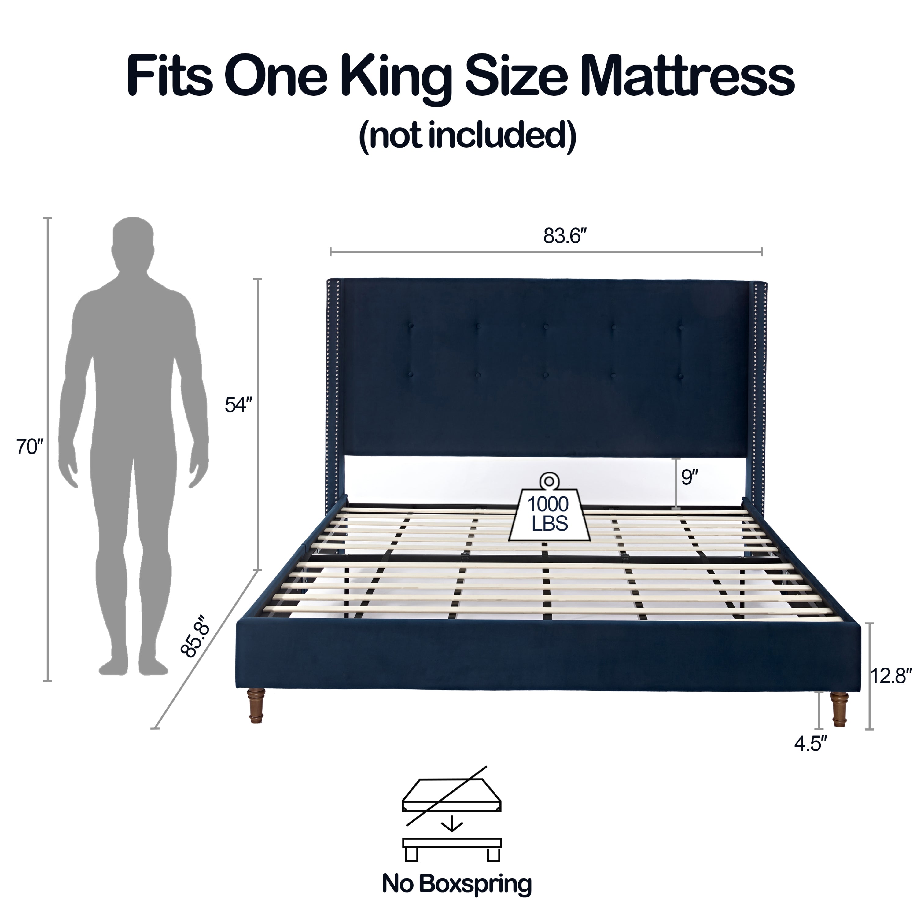 Luxury Wingback Upholstered Bed Frame – King or Queen Sizes, Ivory or Navy Fabric