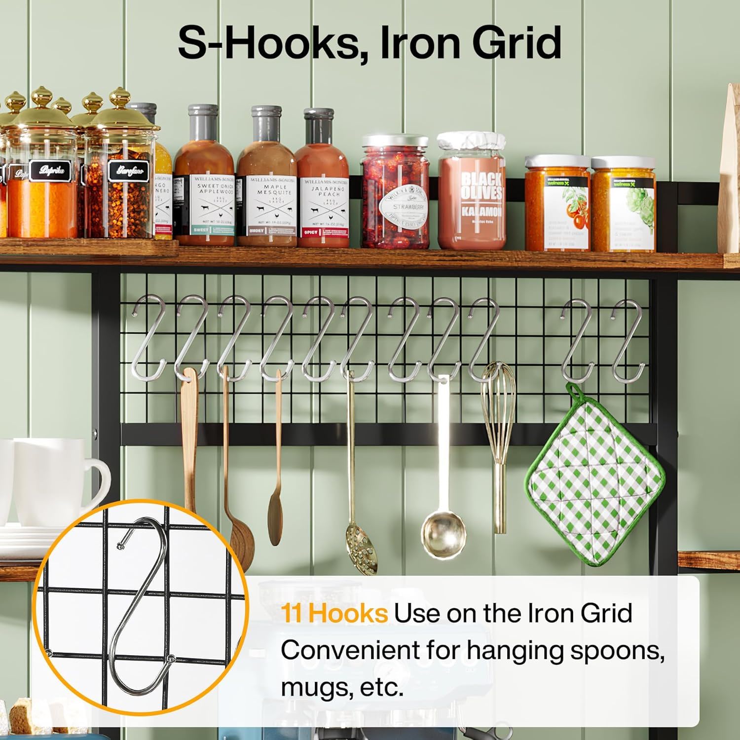 Baker's Rack With Hutch, 5 Tier Kitchen Storage Shelf, Freestanding Utility Pantry Organizer With Hooks And Microwave Stand - Black