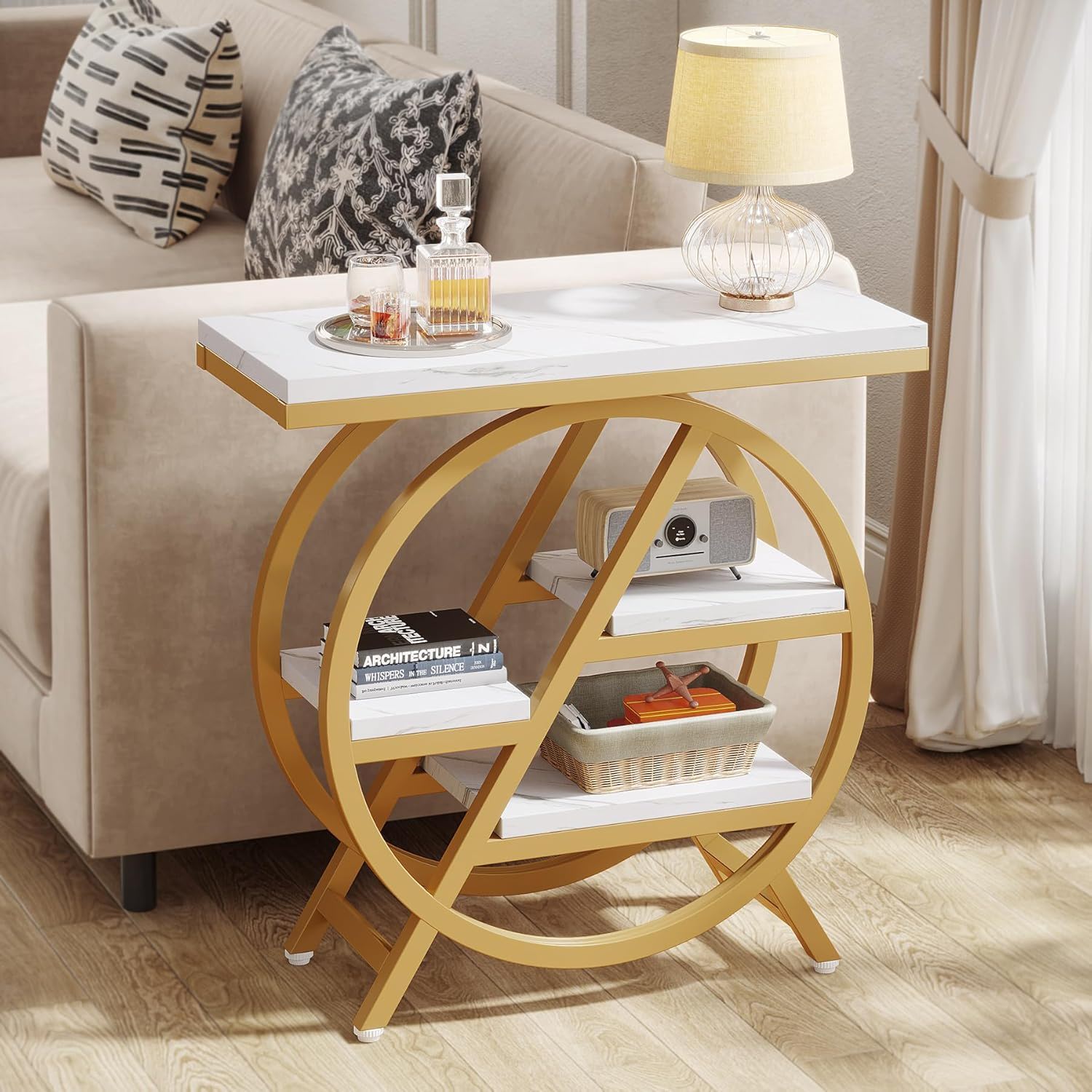 Modern Narrow End Table With 3 Tier Shelves