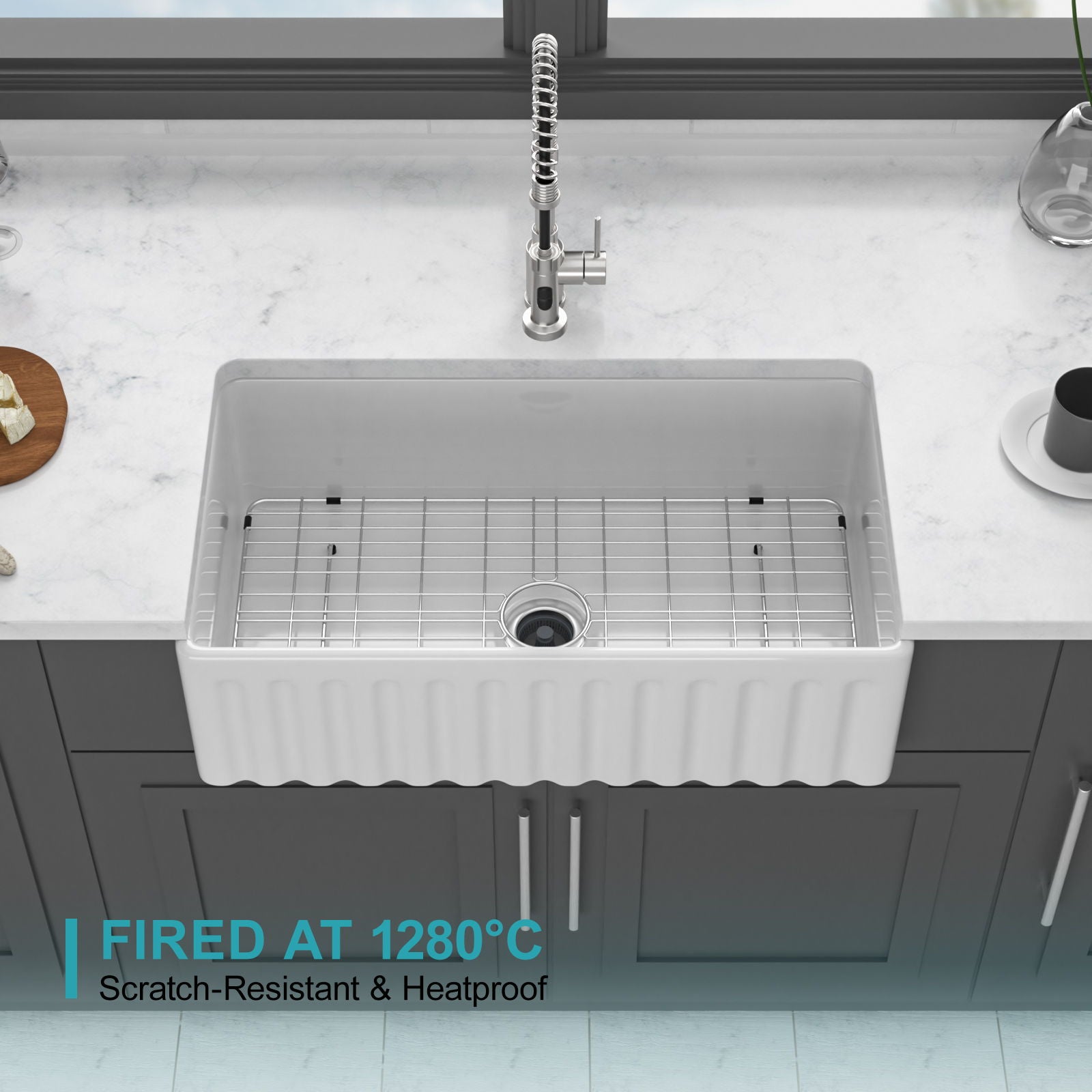 Sink - Apron-Front Reversible Single Bowl Kitchen Sink With Smooth And Ribbed Finishes - White