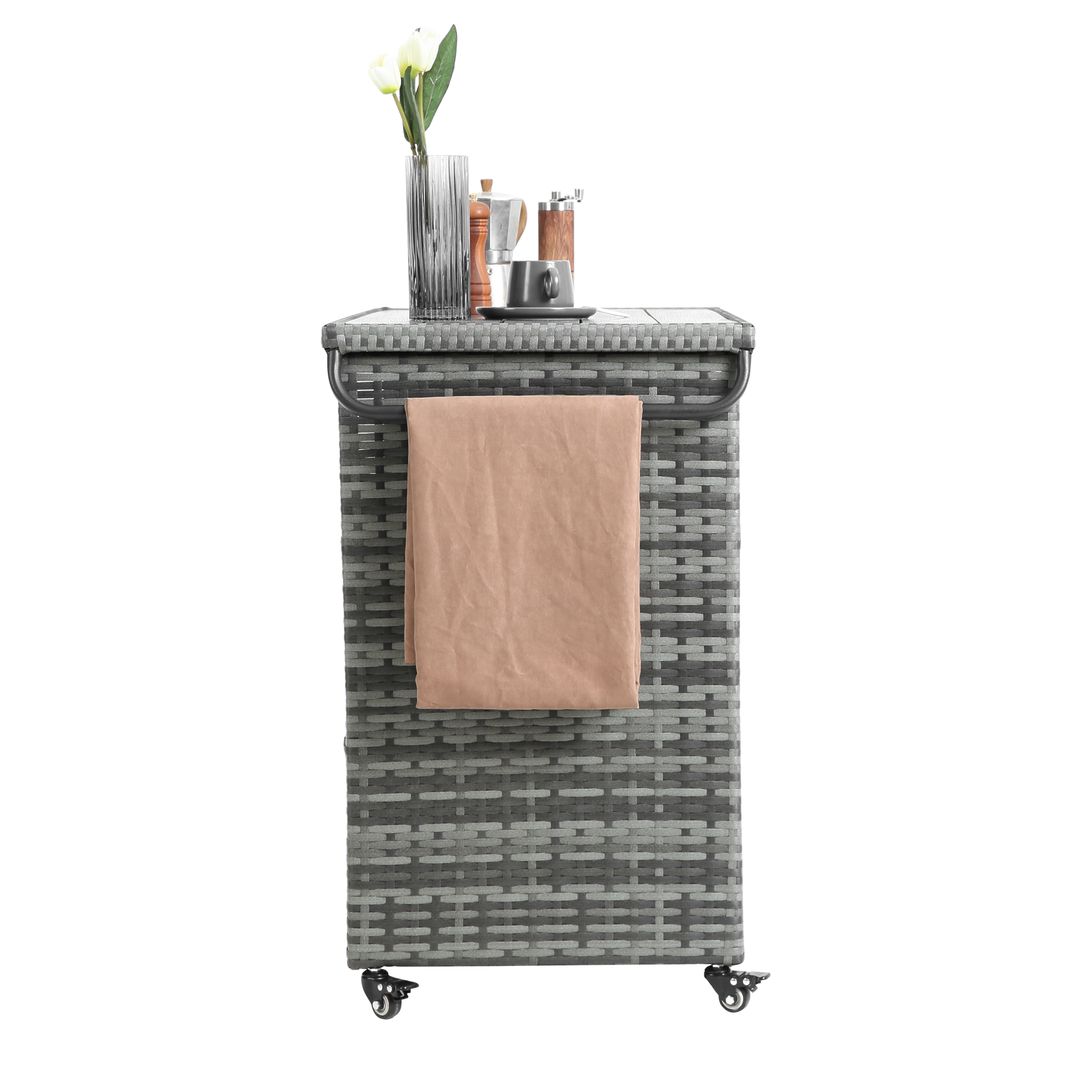 Outdoor Wicker Bar Cart with Glass Top and Wheels