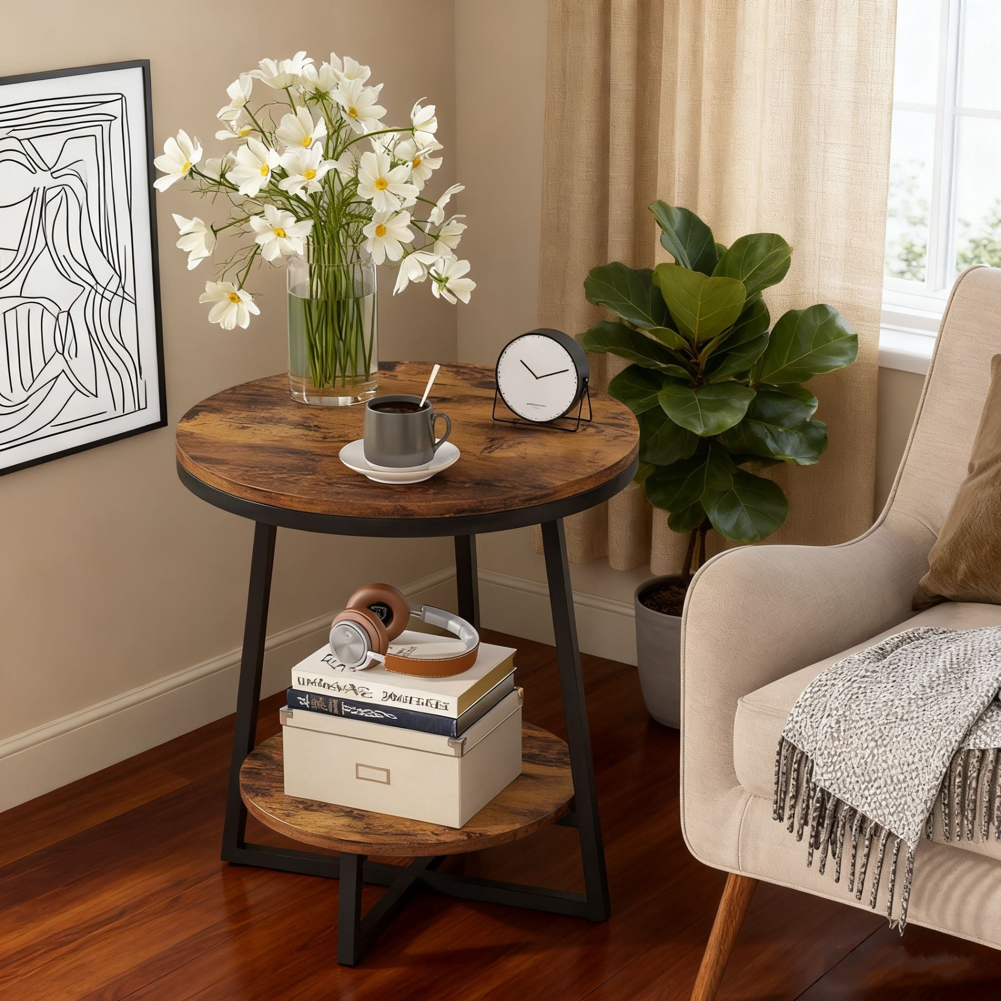 Round End Table With Hairpin Legs, 2 Tier For Living Room - Rustic Brown
