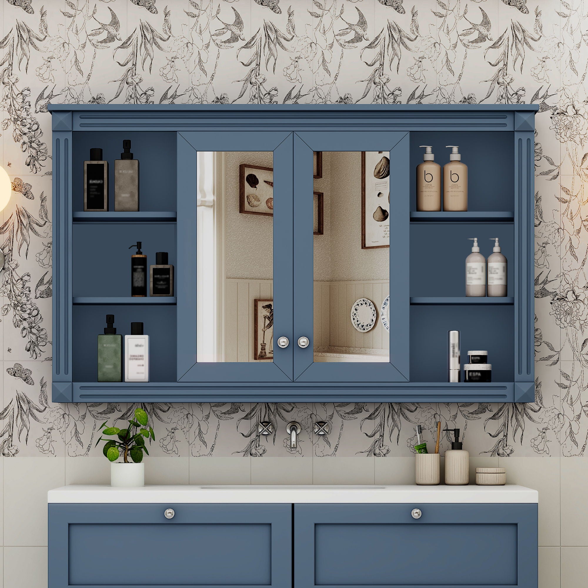 Wall-Mounted Mirror Cabinet With Adjustable Shelf And Open Shelves
