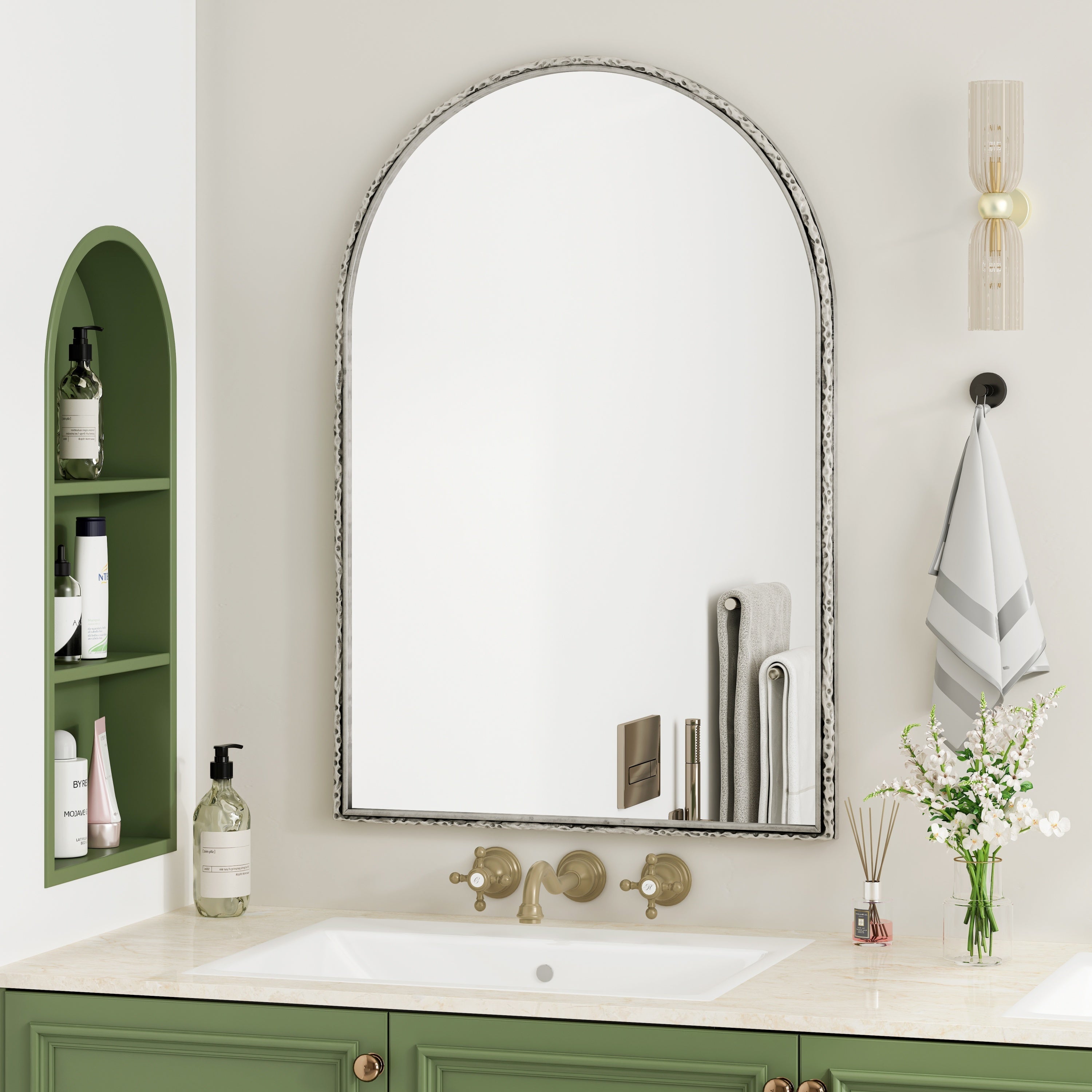 Arched Silver Wall Mirror with Tempered Glass Metal Frame