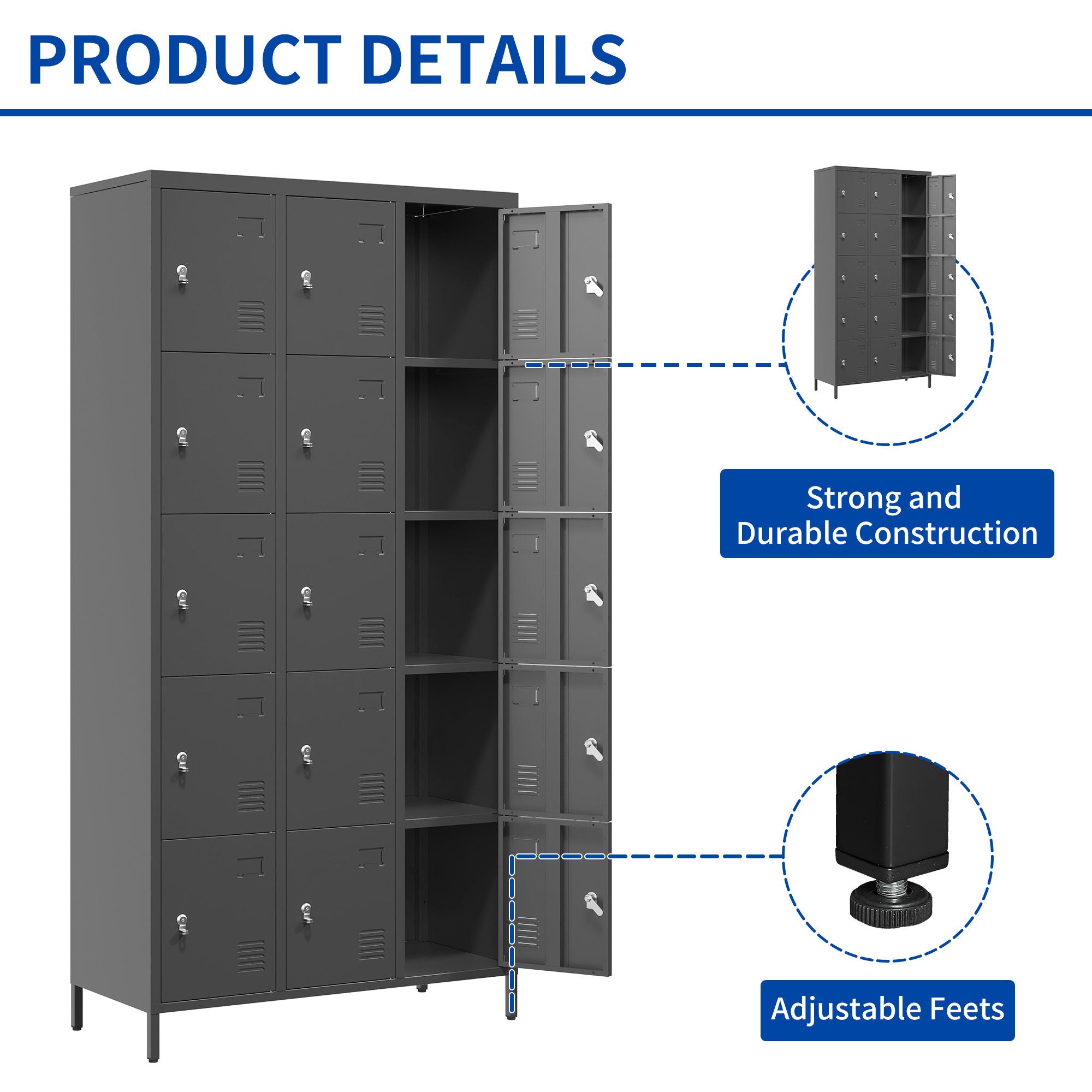 15 Door Lockers With Lock For Employee Storage - Black