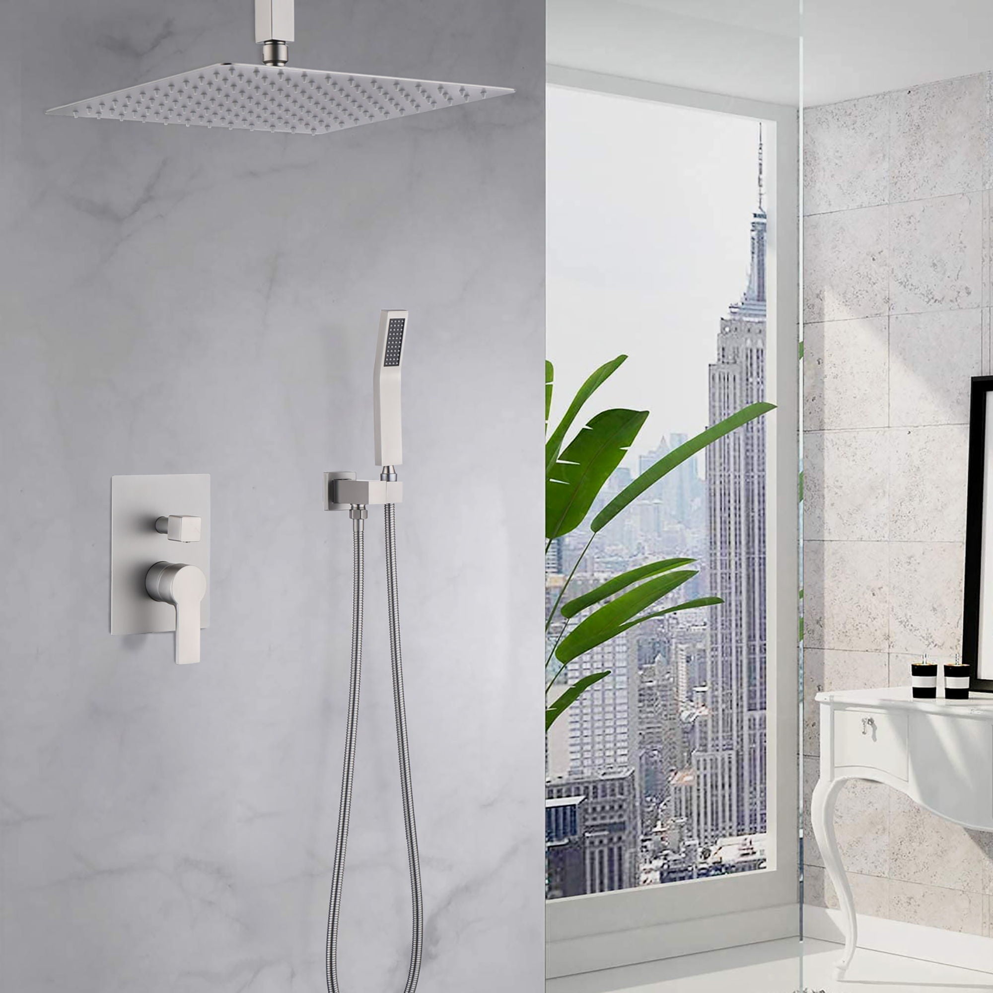 Luxury 12" Ceiling Mount Rainfall Shower System With Brass And Stainless Steel - Brushed Nickel