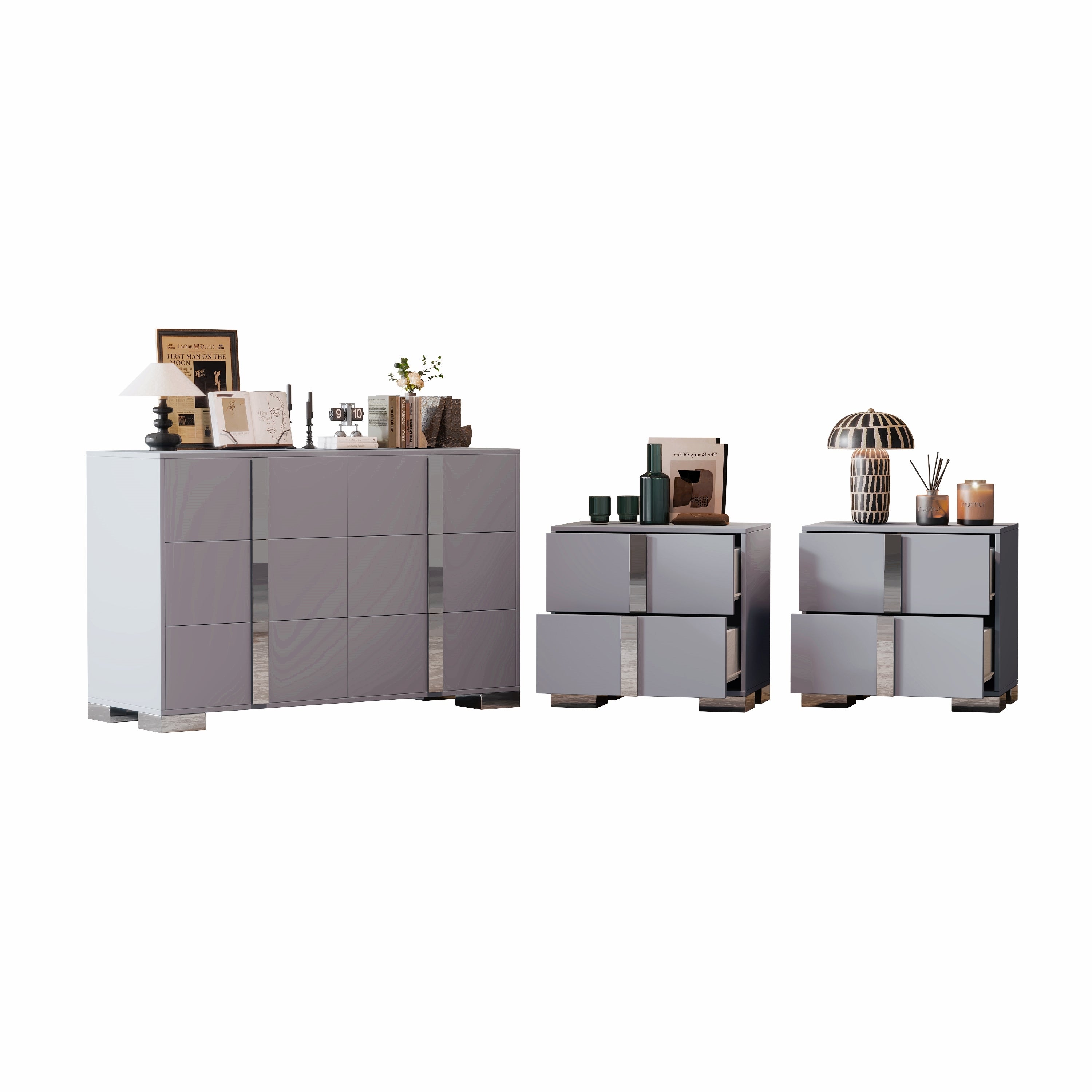 3-Pieces Sets, Elegant 6 Drawers Dresser and Two Nightstands