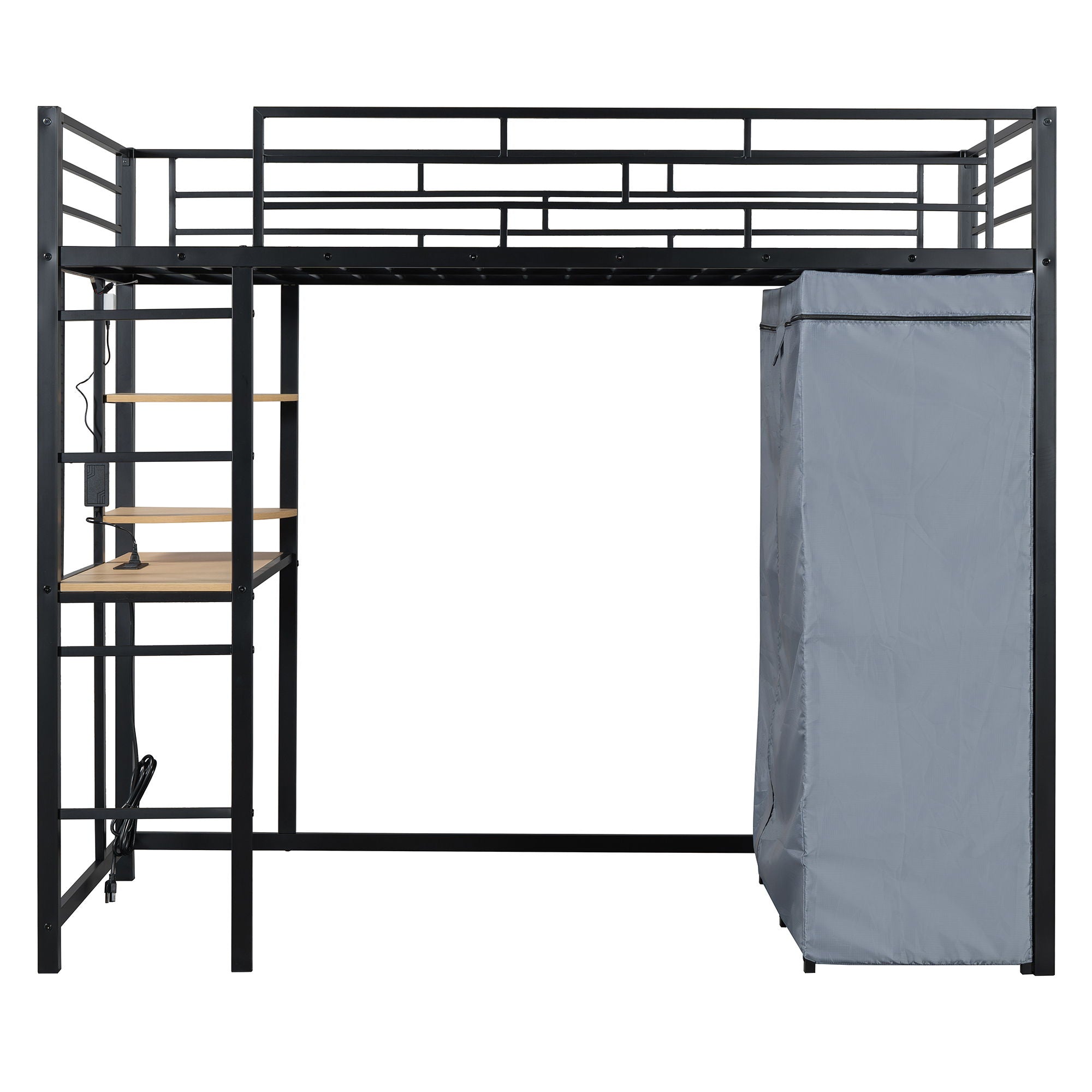 Loft Bed With Desk, Shelves, Power Outlet, LED Light And Wardrobe