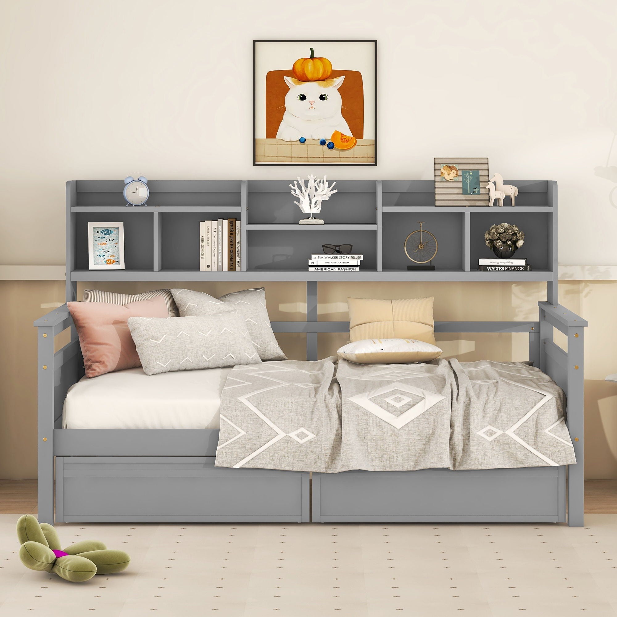 Daybed, Slat Support, With Bedside Shelves And 2 Drawers