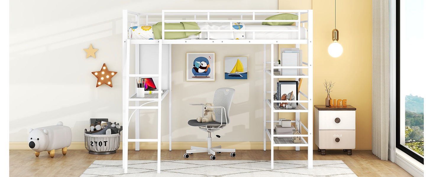Bed With 3 Layers Of Shelves And Desk, Stylish Frame Bed