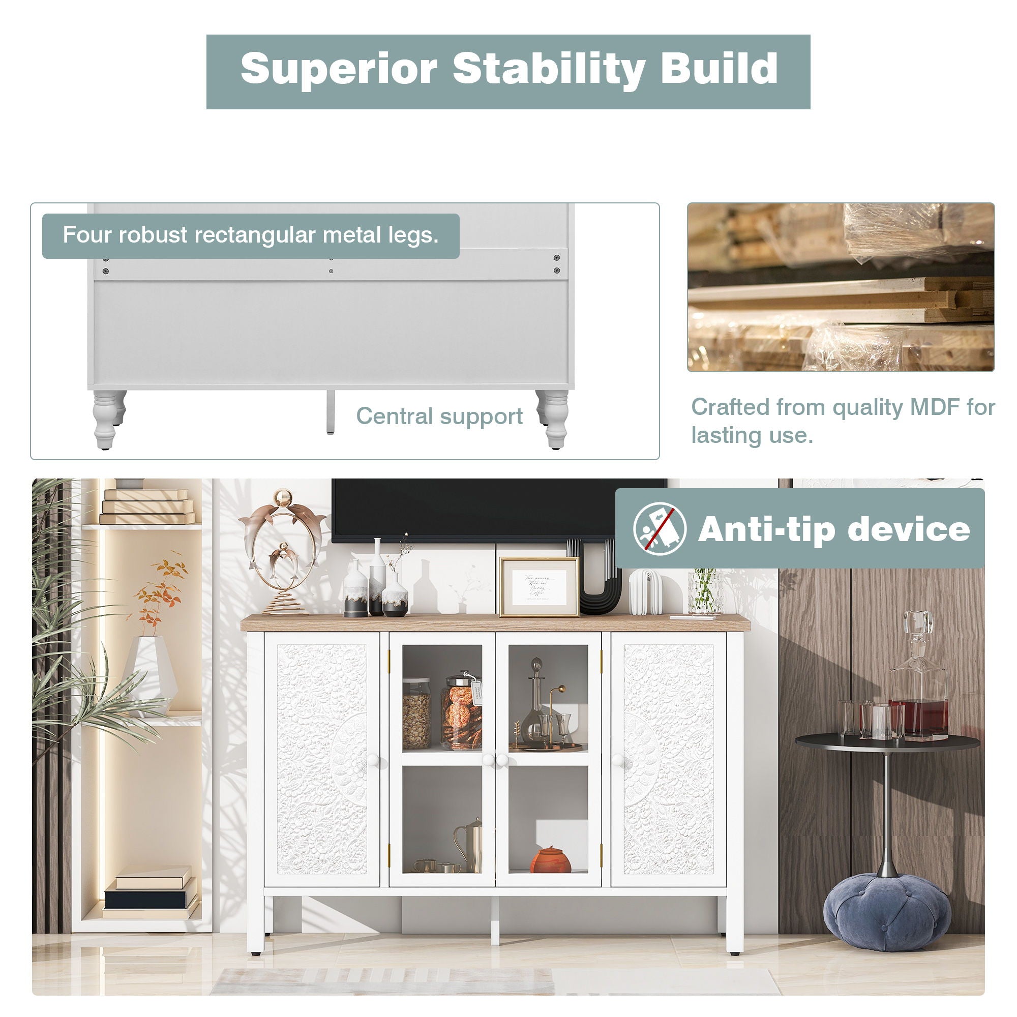 Retro TV Stand With 3 Spacious Cabinets, Glass Cabinet Doors And Anti-Tip Device