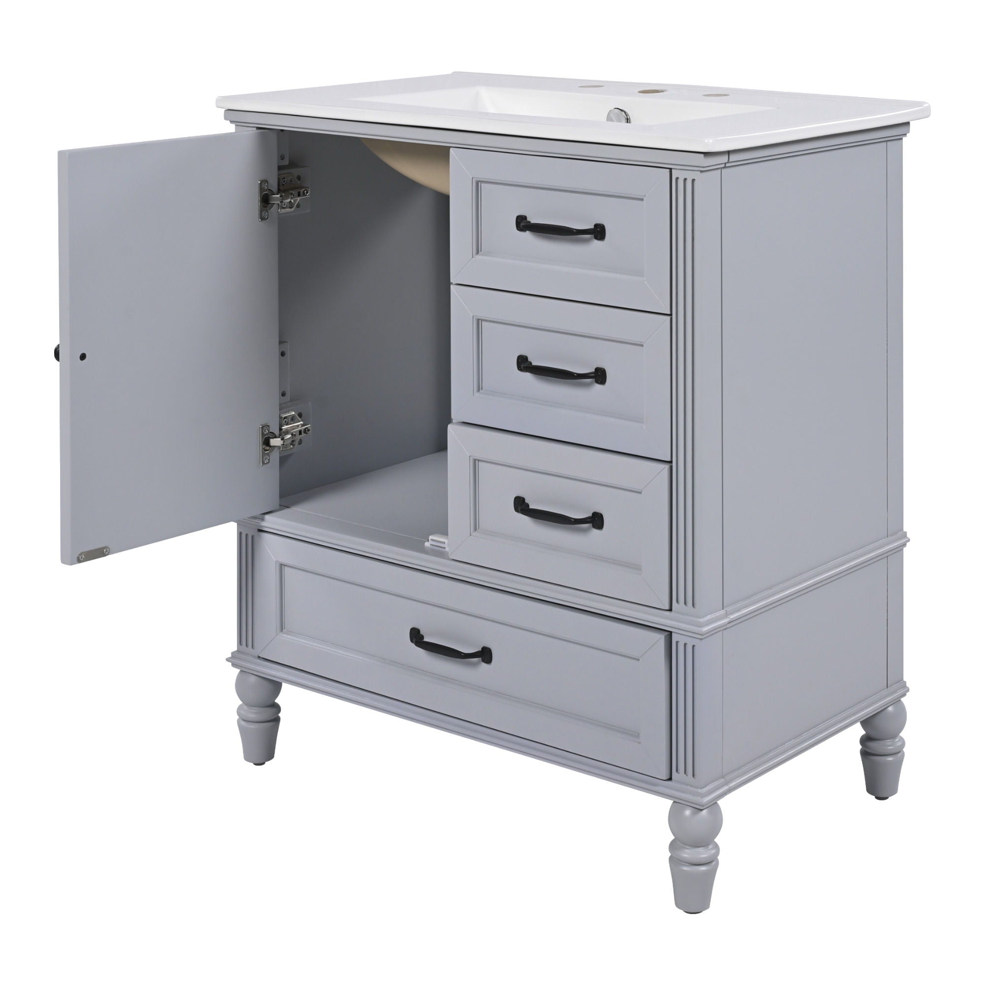 30" Bathroom Vanity With Sink, Bathroom Cabinet With A Door, 3 Drawers Legs, Adiustable Foot Pads - Gray