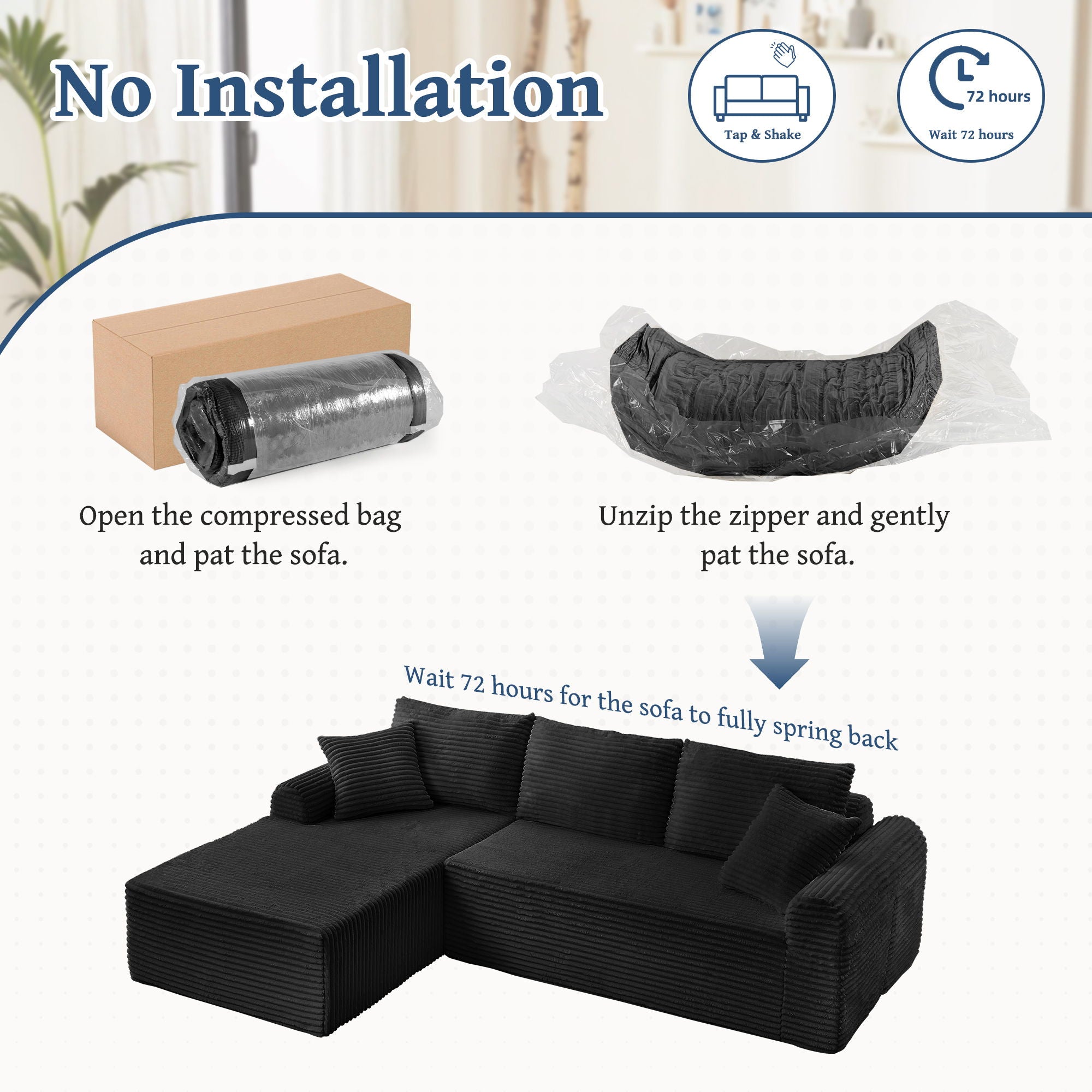 Modular Corduroy Sectional With Arched Armrests, Includes 3 Back Cushions & 2 Throw Pillows