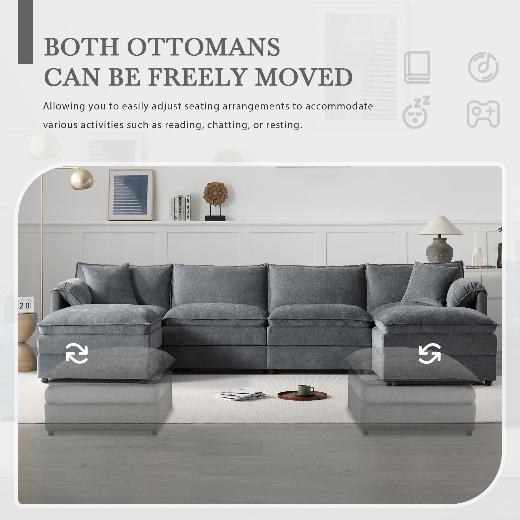 Modular Sectional With Deep And Wide Seat, Cloud Couch Set With Double Cushions Sofa With Movable Ottoman