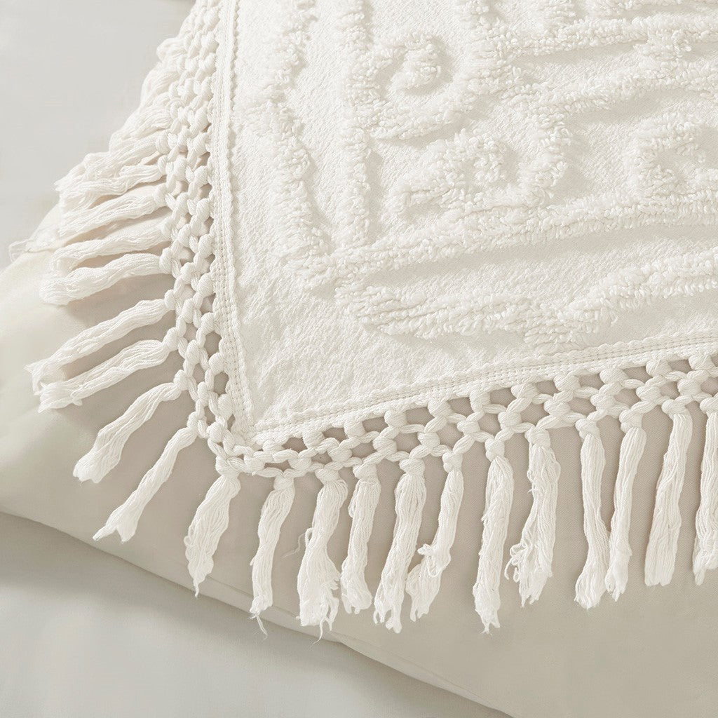 Tufted Cotton Chenille Medallion Fringe Coverlet Mini Set - Off-White Twin/Twin XL