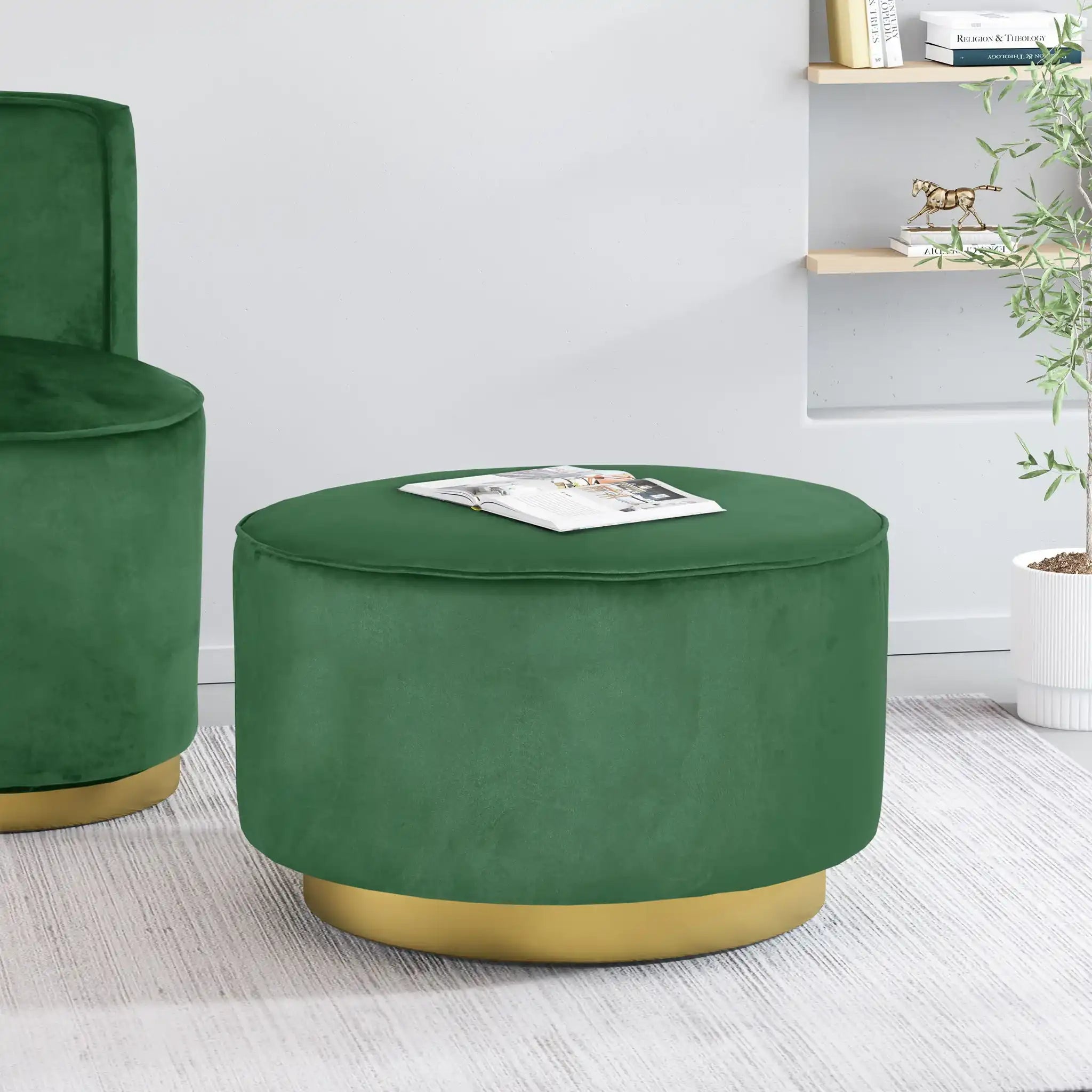 Round Velvet Ottoman, Upholstered Foot Stool For Living Room, Entryway - Emerald