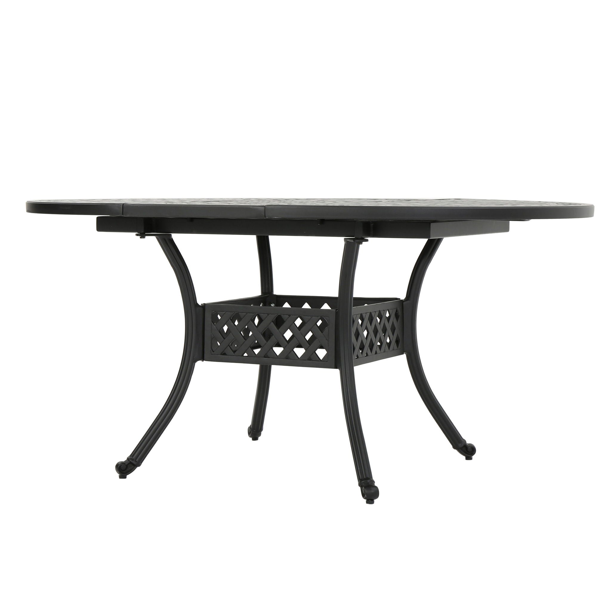 Outdoor Expandable Aluminum Dining Table With Latticework Details And Curvy Legs