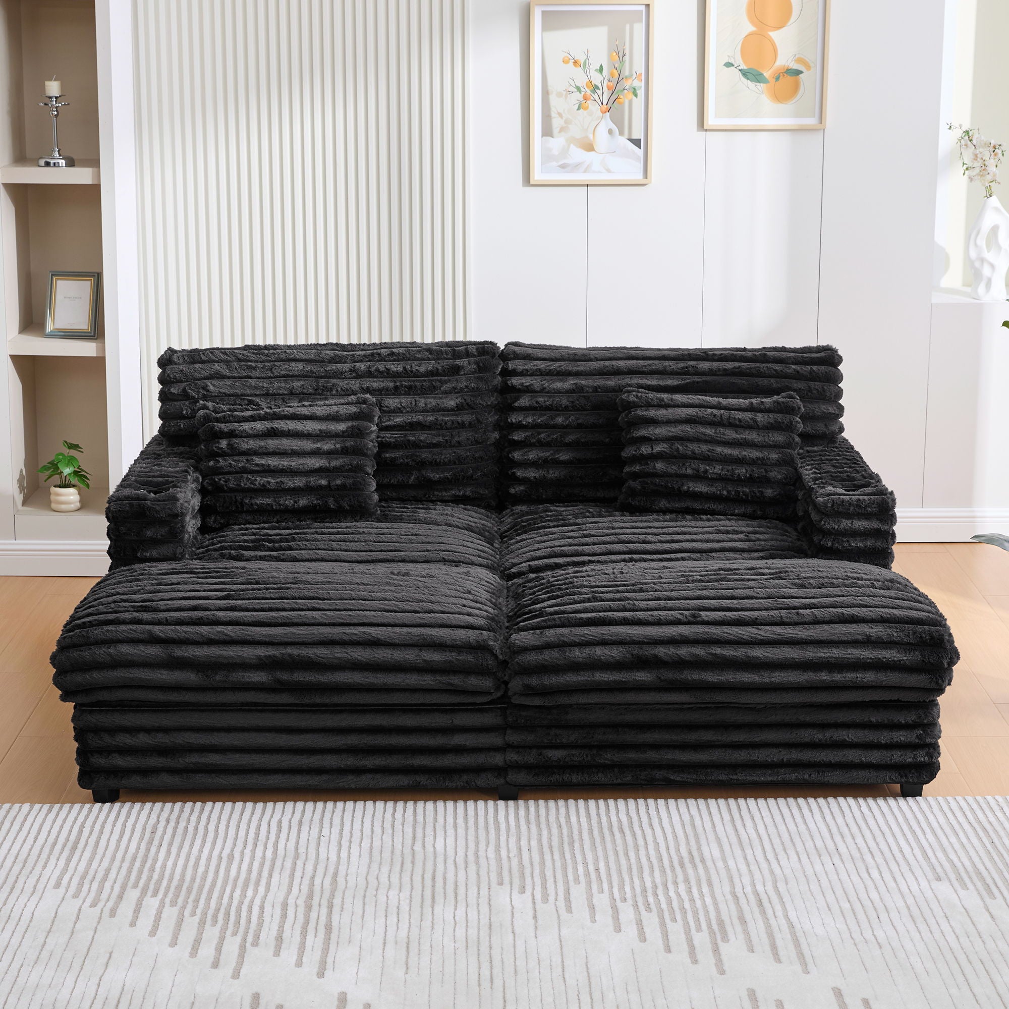 Plush Oversized Double Chaise Lounge Sofa Bed With USB Ports And Cup Holders
