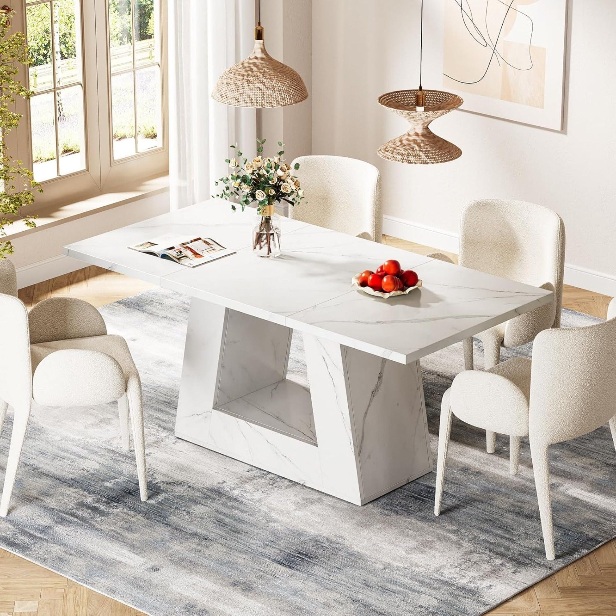 Dining Table For 4 To 6 People, With Trapezoid Base For Dining Room - White