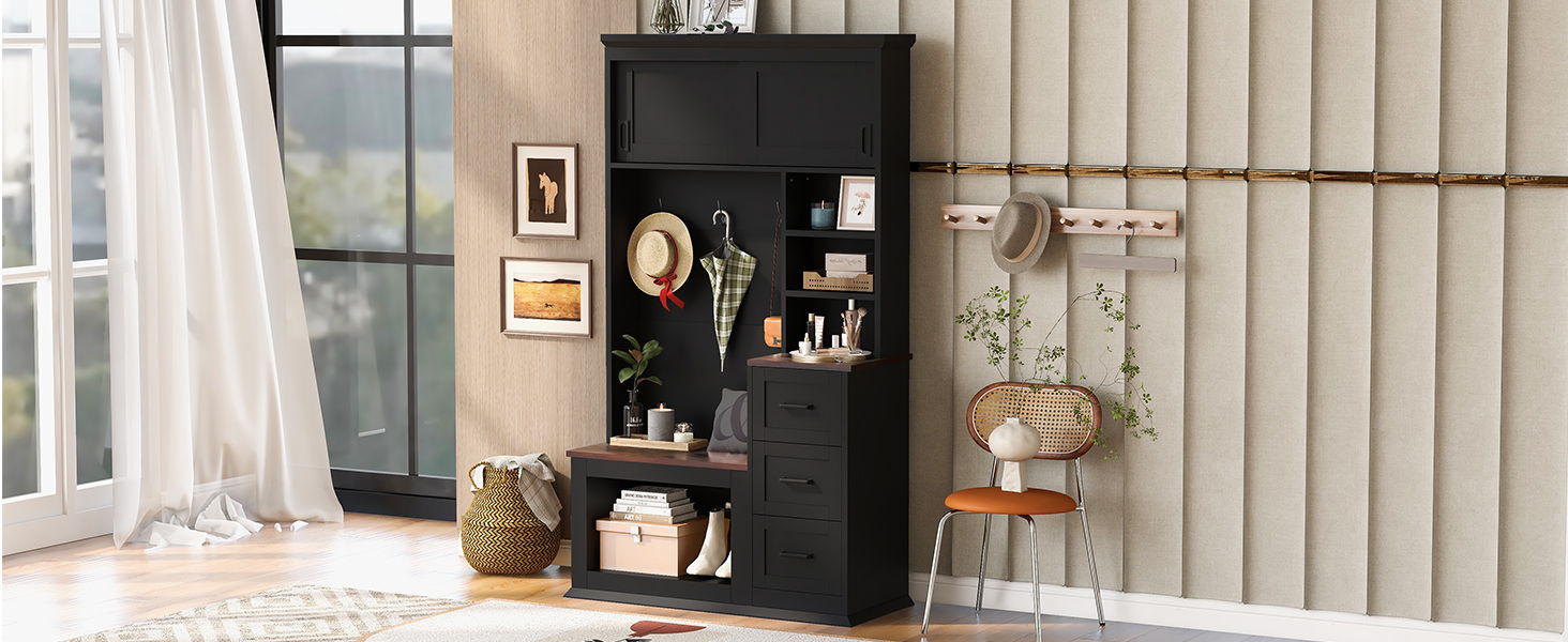 Modern Wide Hall Tree With Coat Rack, 3 Shelves And Drawers, 3 Sturdy Hooks