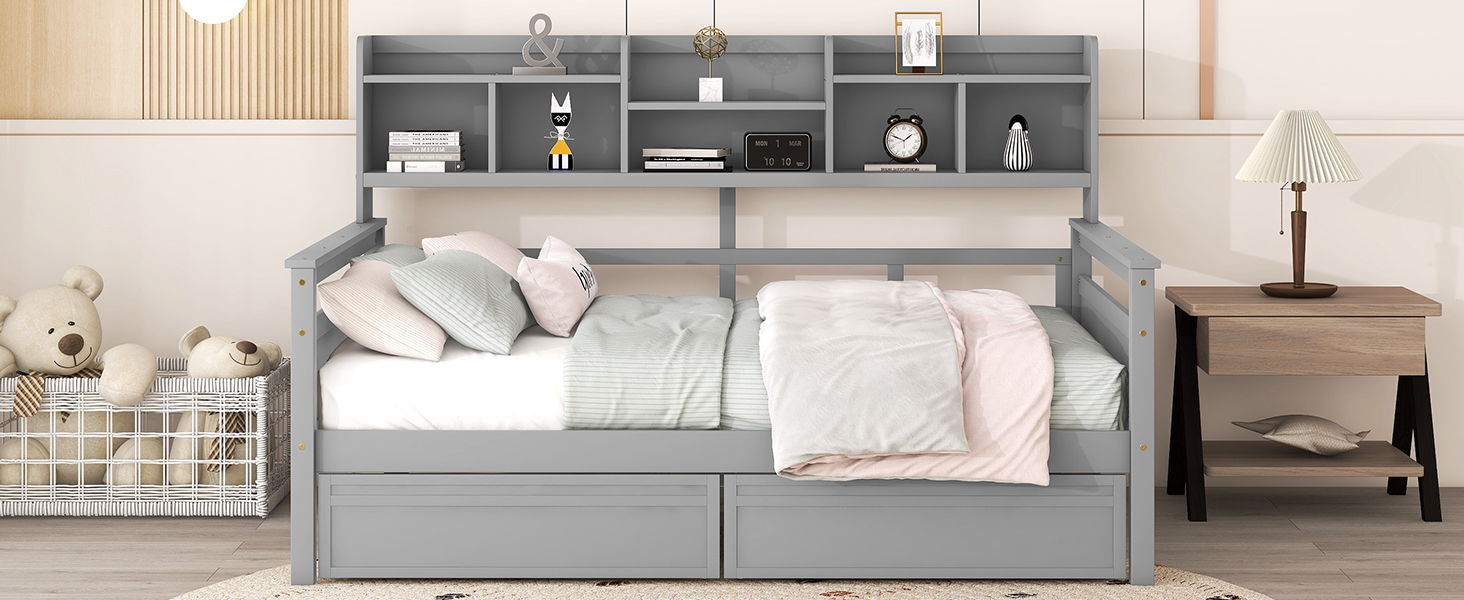Daybed, Slat Support, With Bedside Shelves And 2 Drawers
