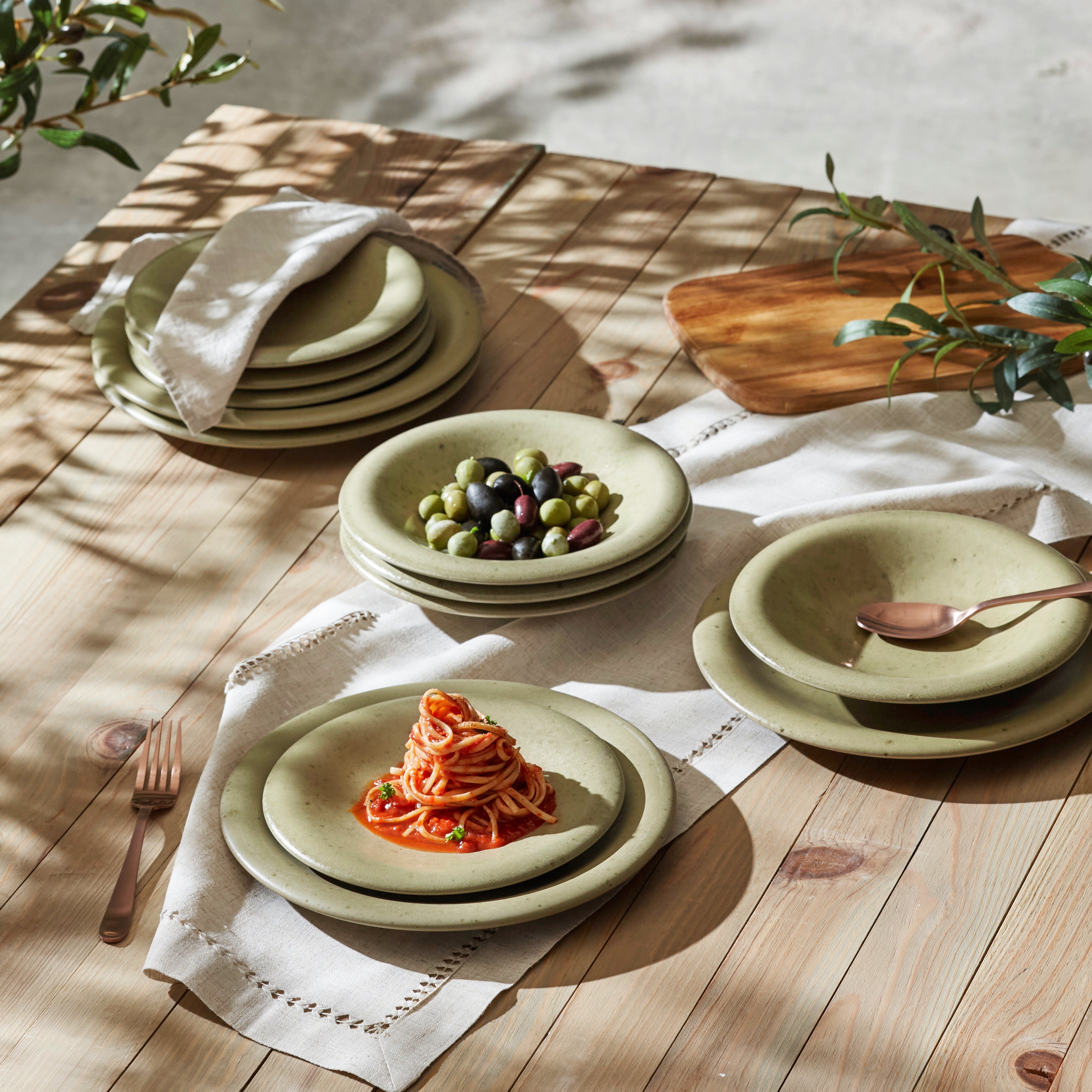 Aro Stoneware Dinnerware Set - Green Matte - Crafted in Portugal - Scratch-Resistant