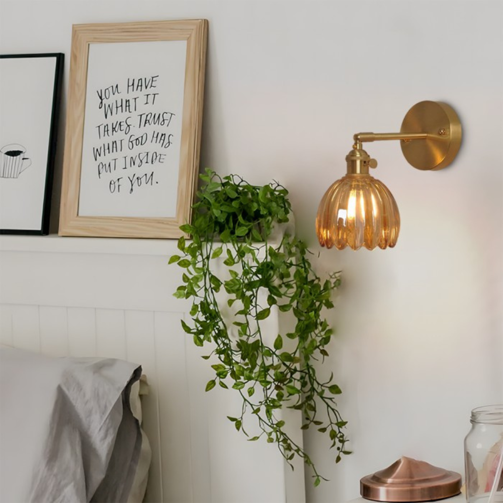 Vintage Brass Tulip Glass Wall Sconce 1-Light Classic Wall Light