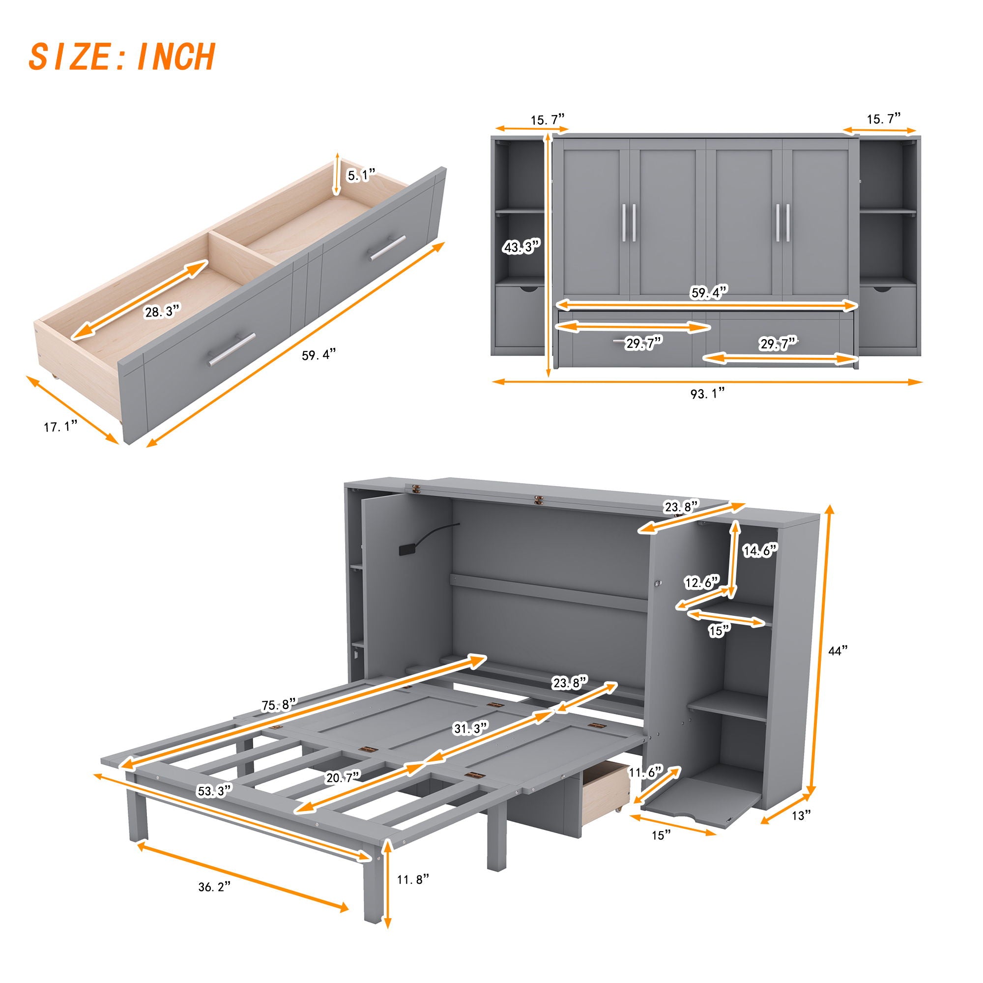 Murphy Bed With Shelves, Drawers And USB Ports