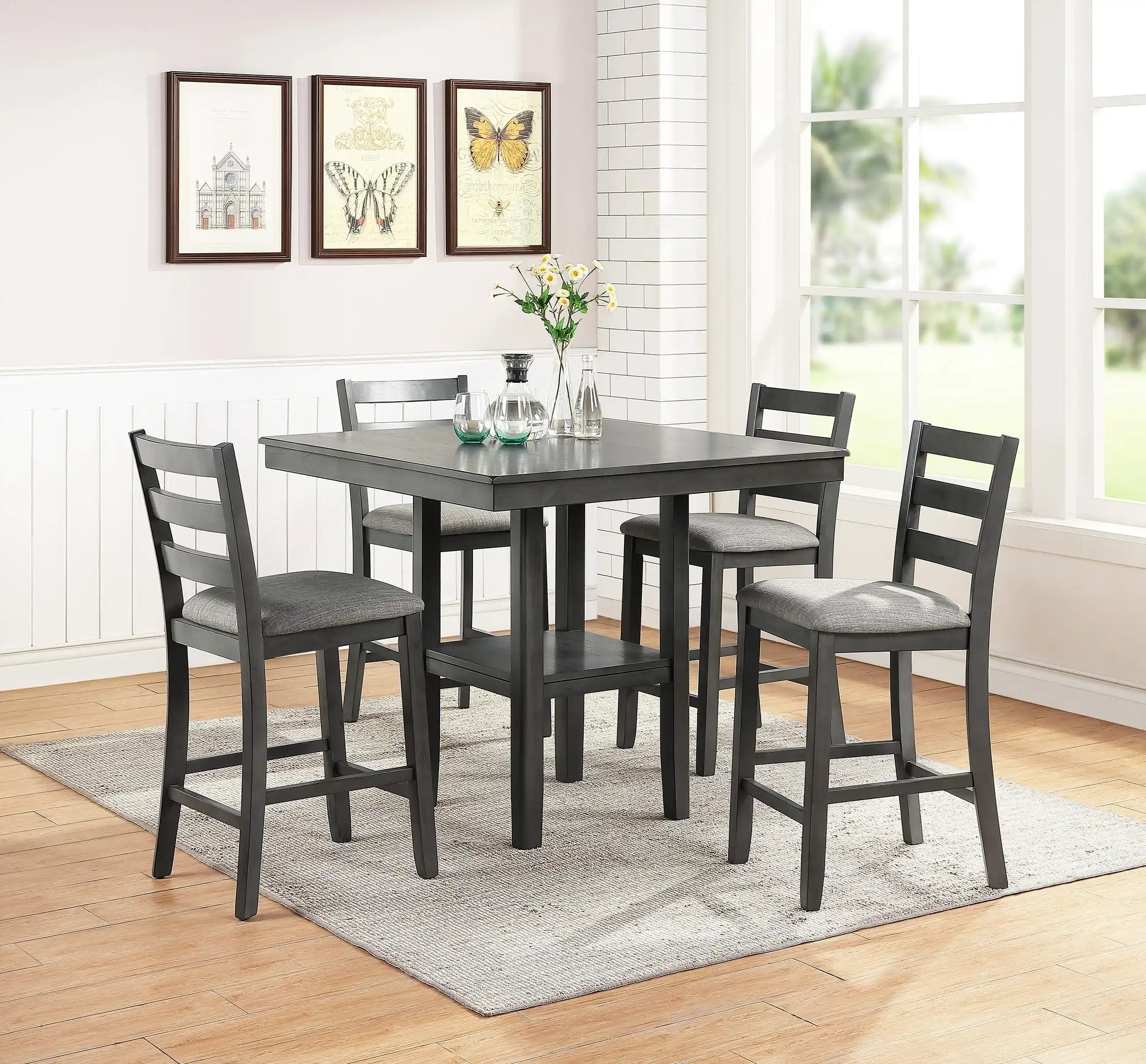 5-Piece Classic Counter Height Dining Set, Gray Finish, Solid Wood