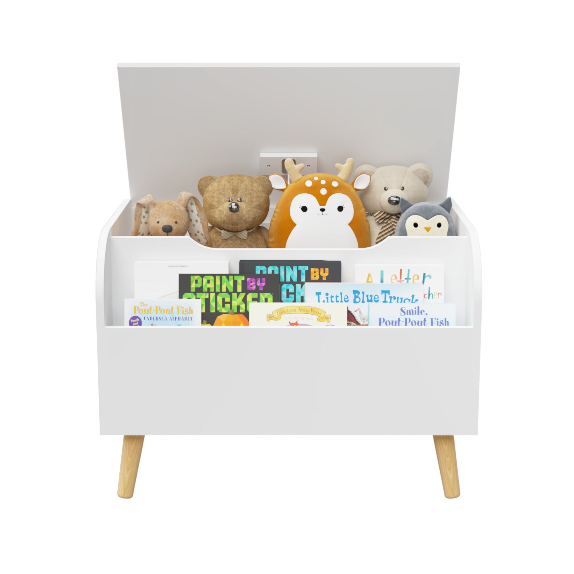 Toy Box With Front Bookshelf, Flip Top Lid, Safety Hinge For Kids Room Organization - White