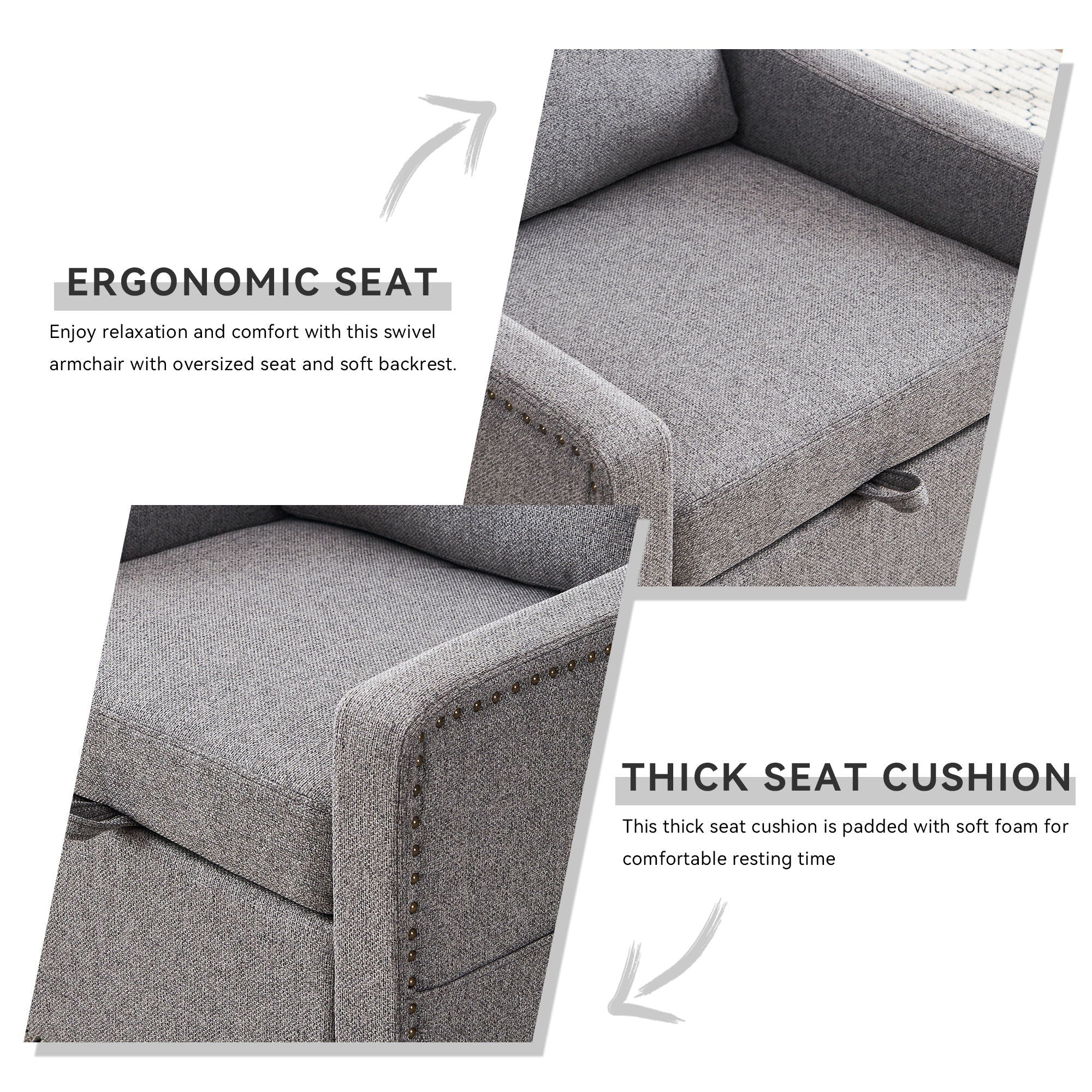 Linen Fabric 360° Swivel Accent Chair With Upholstered Back Pillow And Rivet Armrest