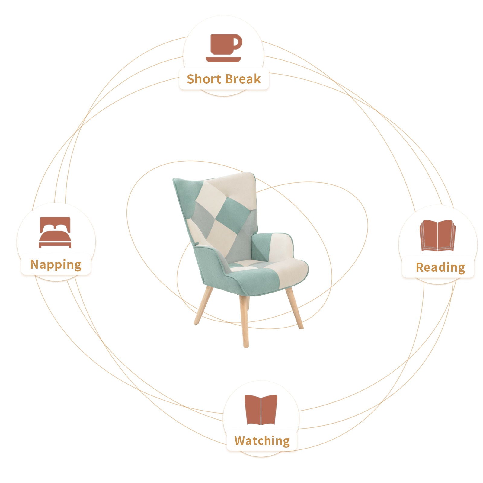 Accent Chair With Ottoman, Living Room Chair And Ottoman Set, Comfy Side Armchair For Bedroom, Creative Splicing Cloth Surface - Blue