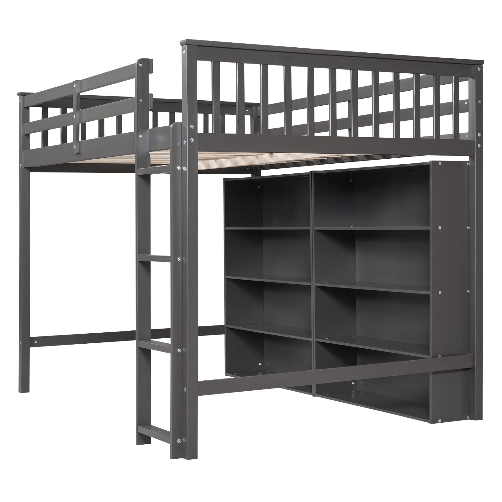 Loft Bed With 8 Open Storage Shelves And Built In Ladder