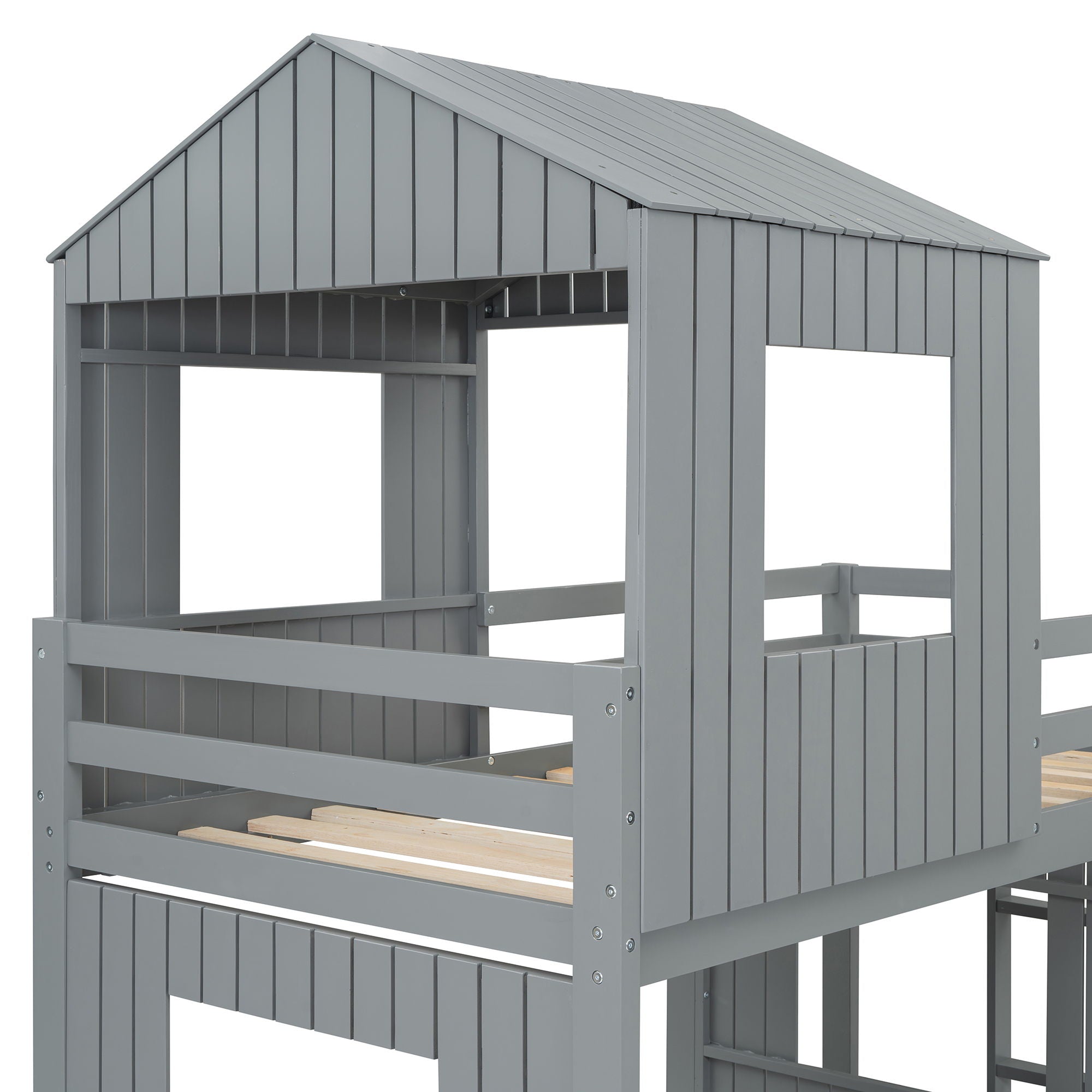 Loft Bunk Bed With Playhouse, Farmhouse, Ladder, Slide And Guardrails