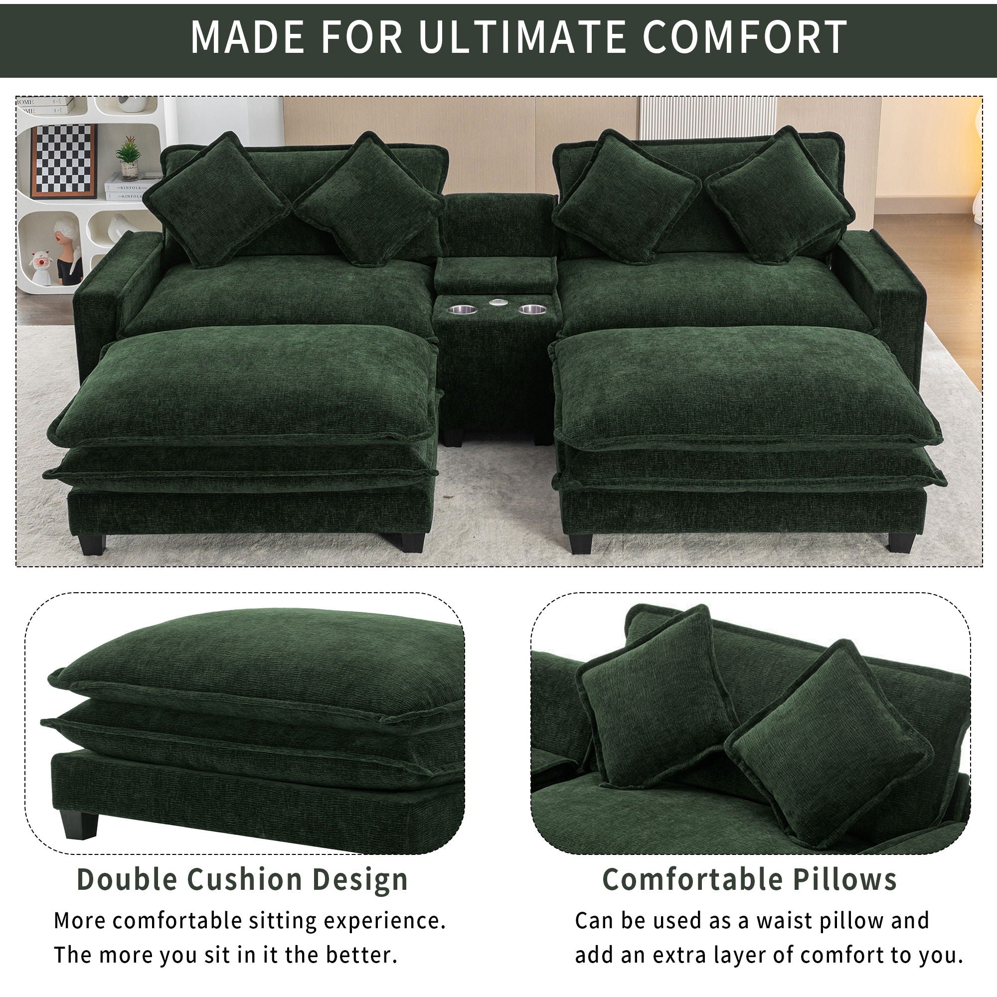 Sectional Sofa Chenille Upholstered Sofa With Two Removable Ottoman, Two USB Ports, Two Cup Holders And Large Storage Box For Living Room
