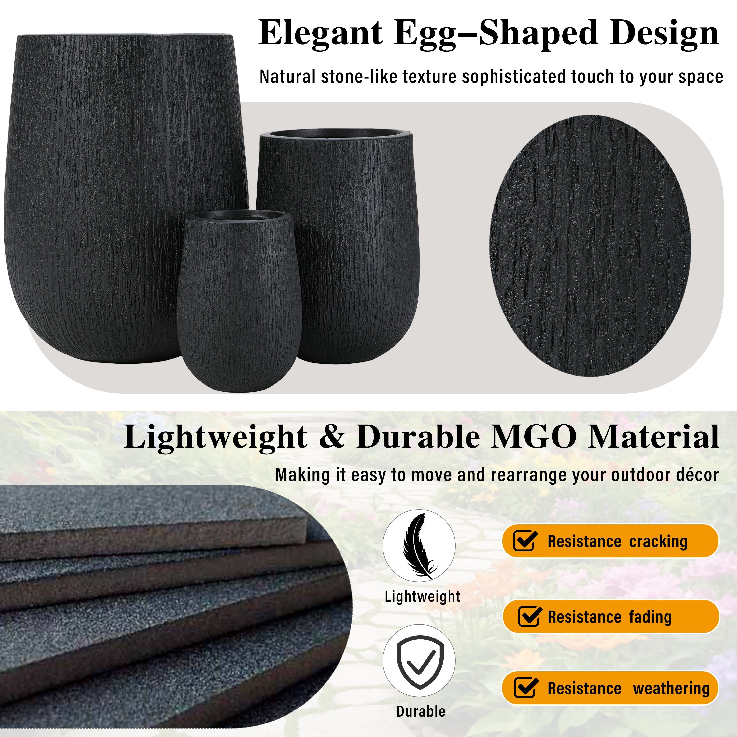 U_Style Egg-Shaped Lightweight MGO Outdoor Planter Set of 3