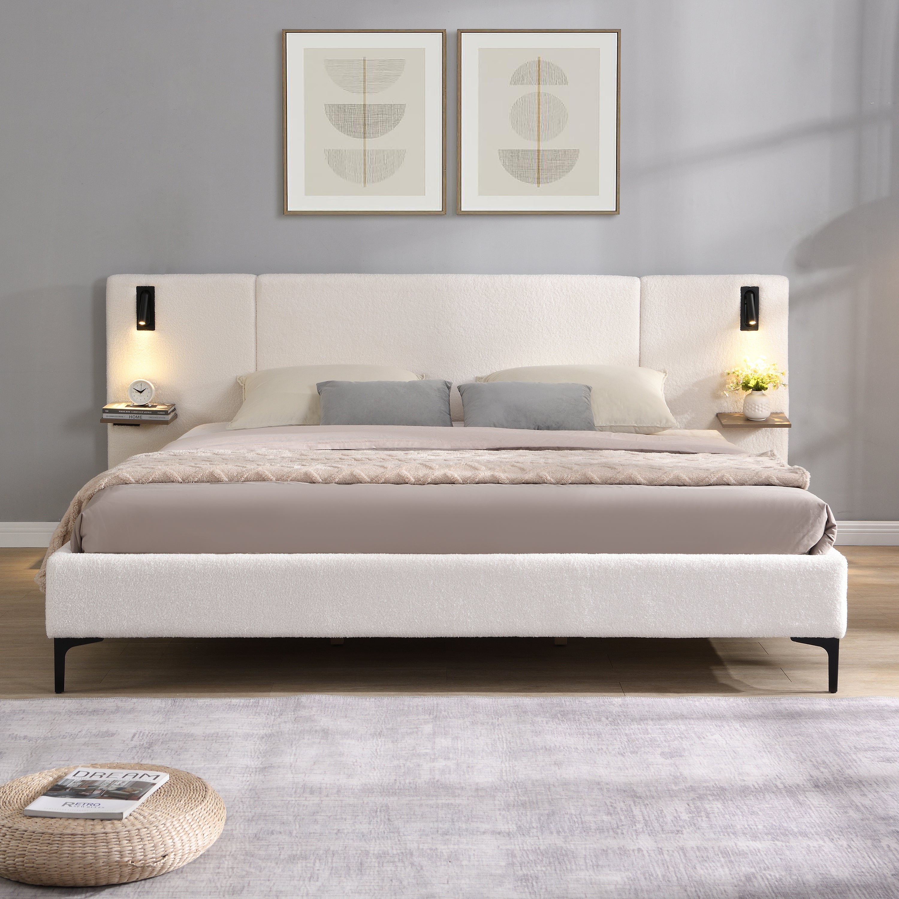 Chic Boucle Upholstered Bed with Integrated Lights and Shelves, White, King - Best Buy Furniture