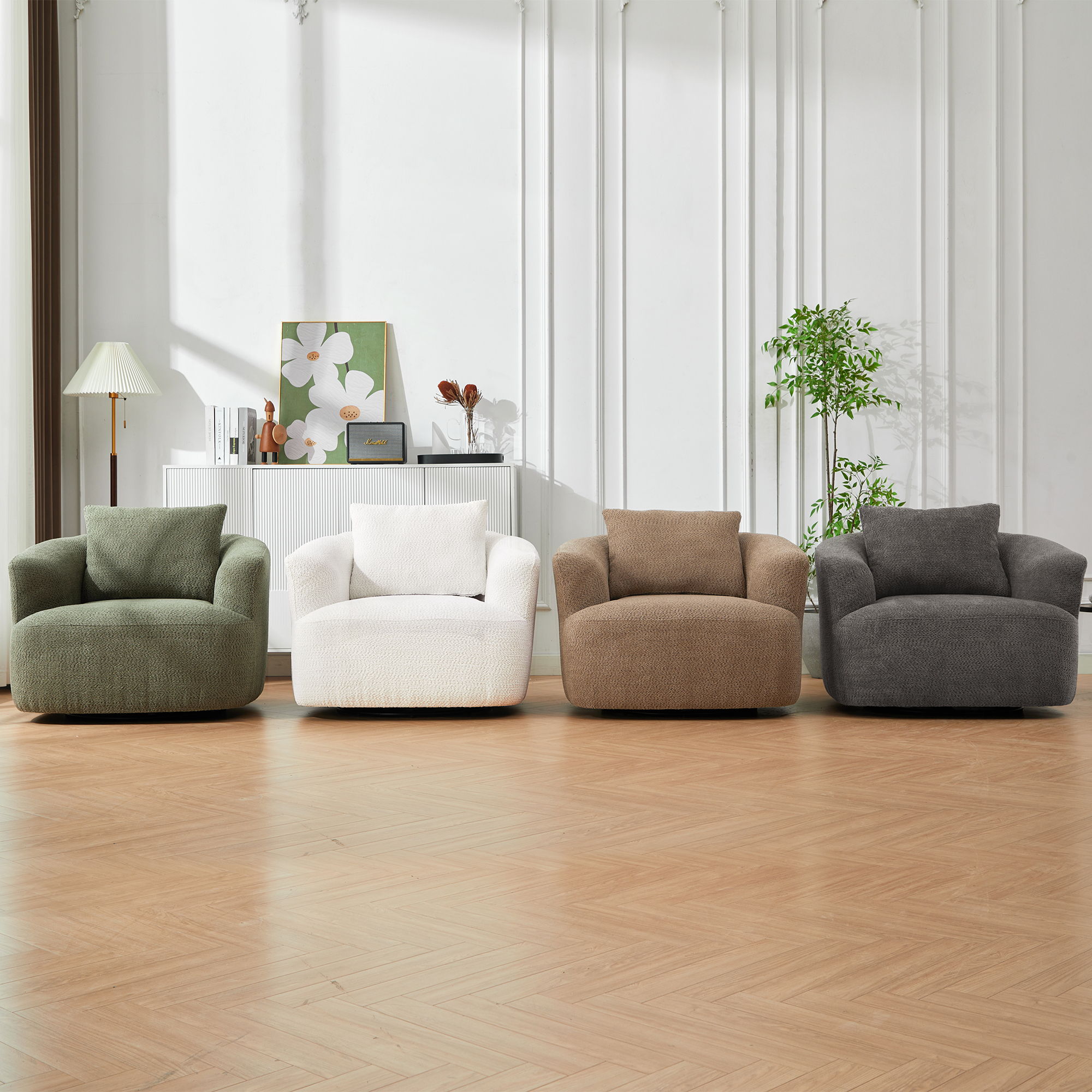 360° Swivel Barrel Sofa Chair With Throw Pillow, Chenille Upholstered Accent Chair