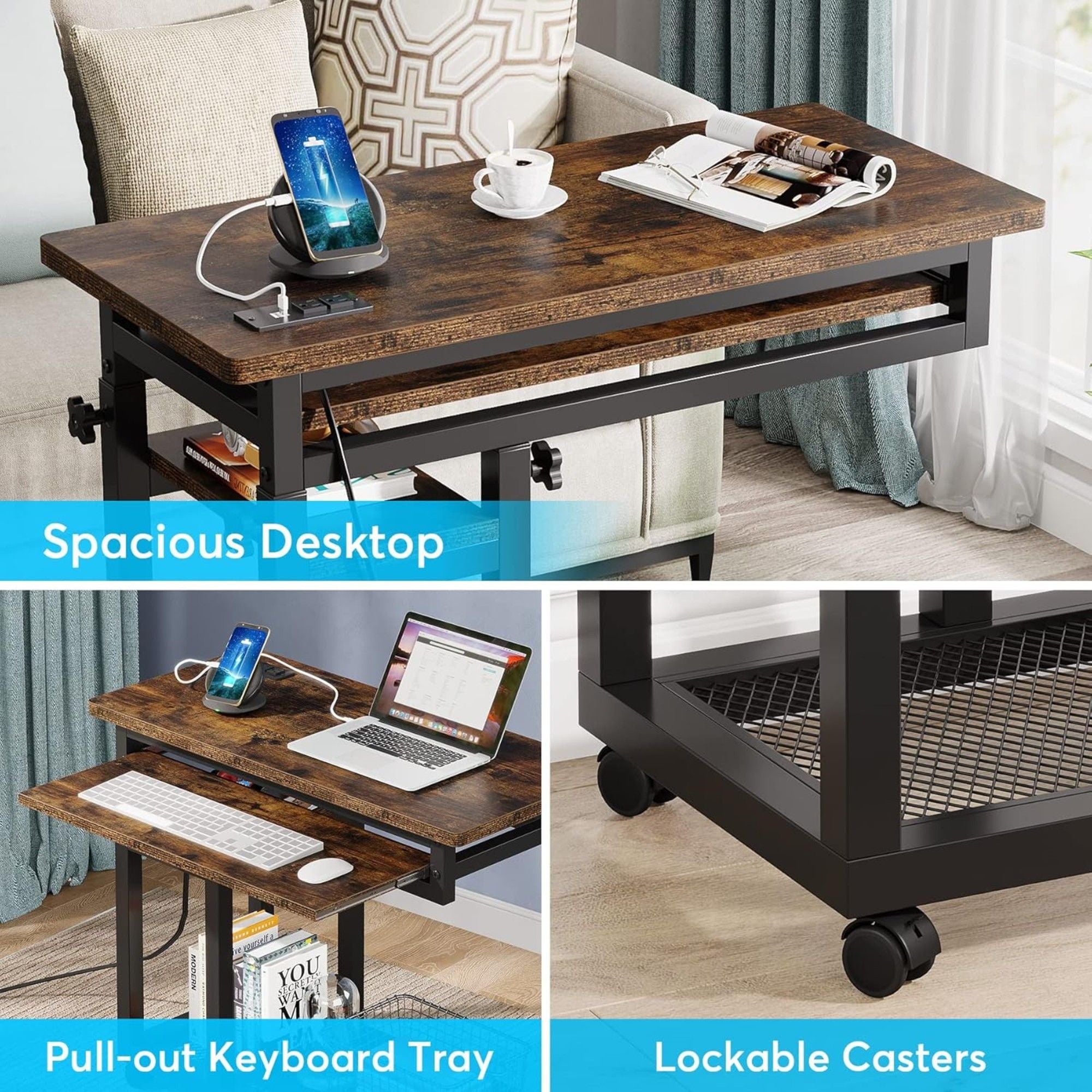 Adjustable Portable C-Shaped Desk With Power Outlet & USB Ports