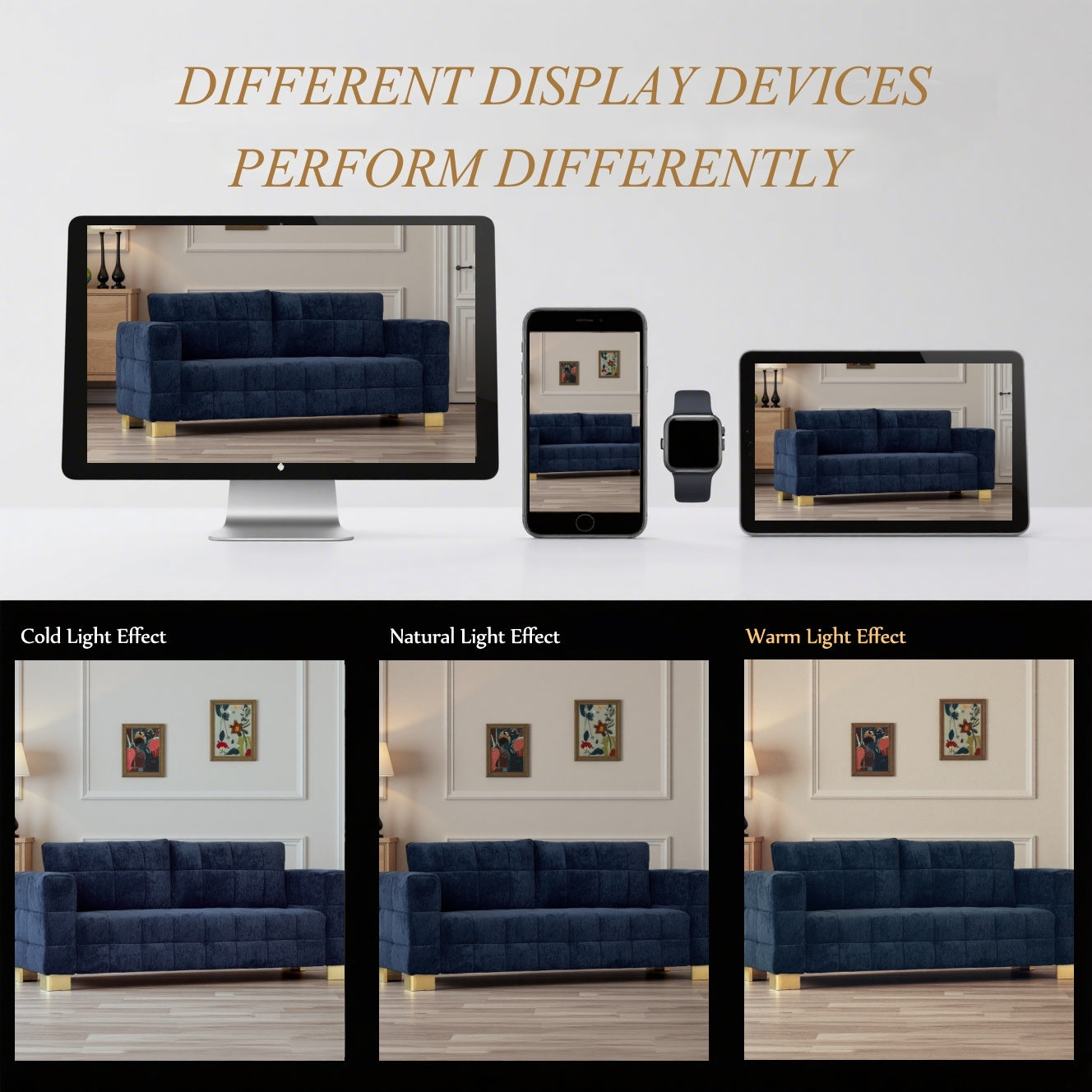 Retro Blue Chenille Upholstered 3-Seater Couch with Stainless-Steel Legs