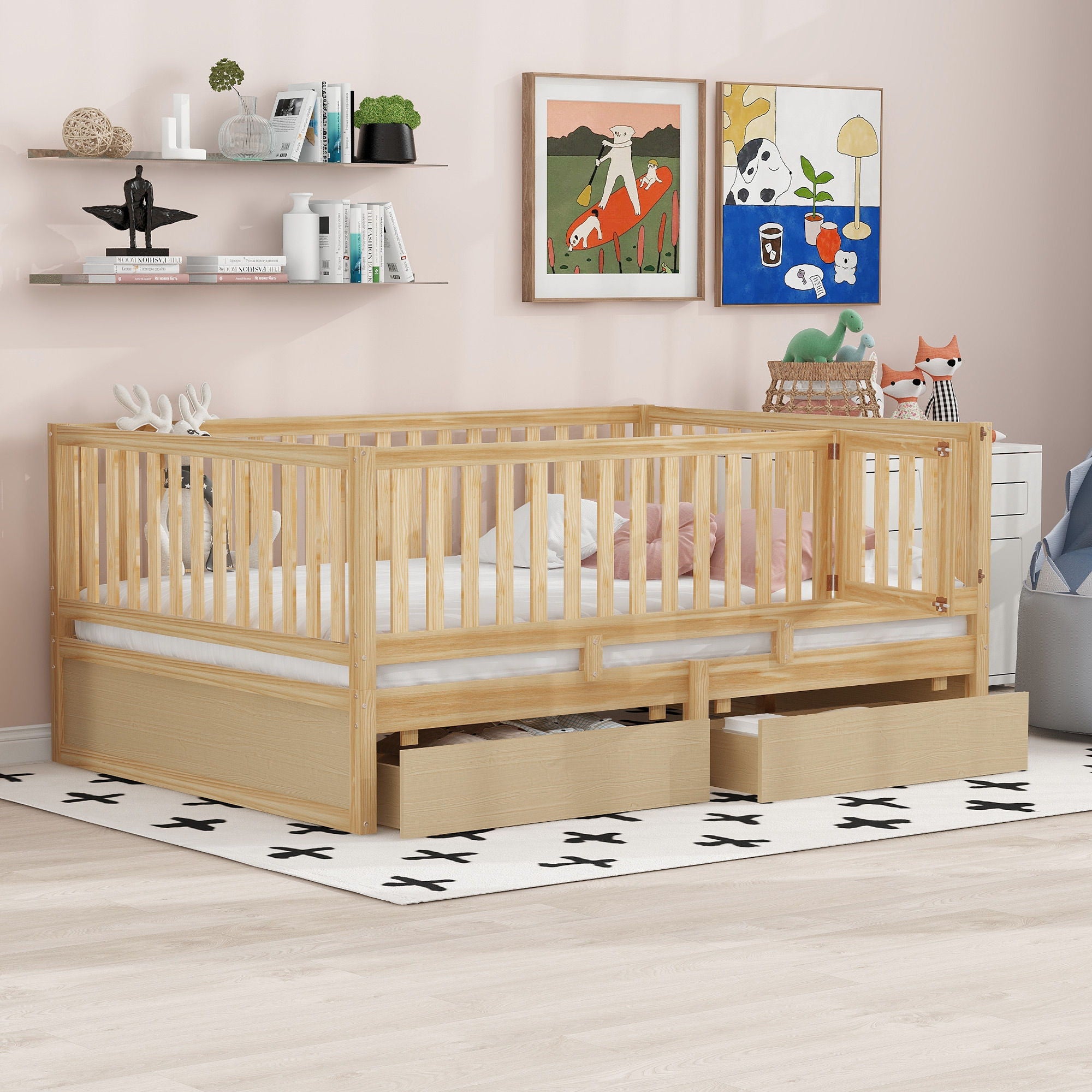 Daybed With Fence Guardrails And 2 Drawers, Split Into Independent Floor Bed & Daybed