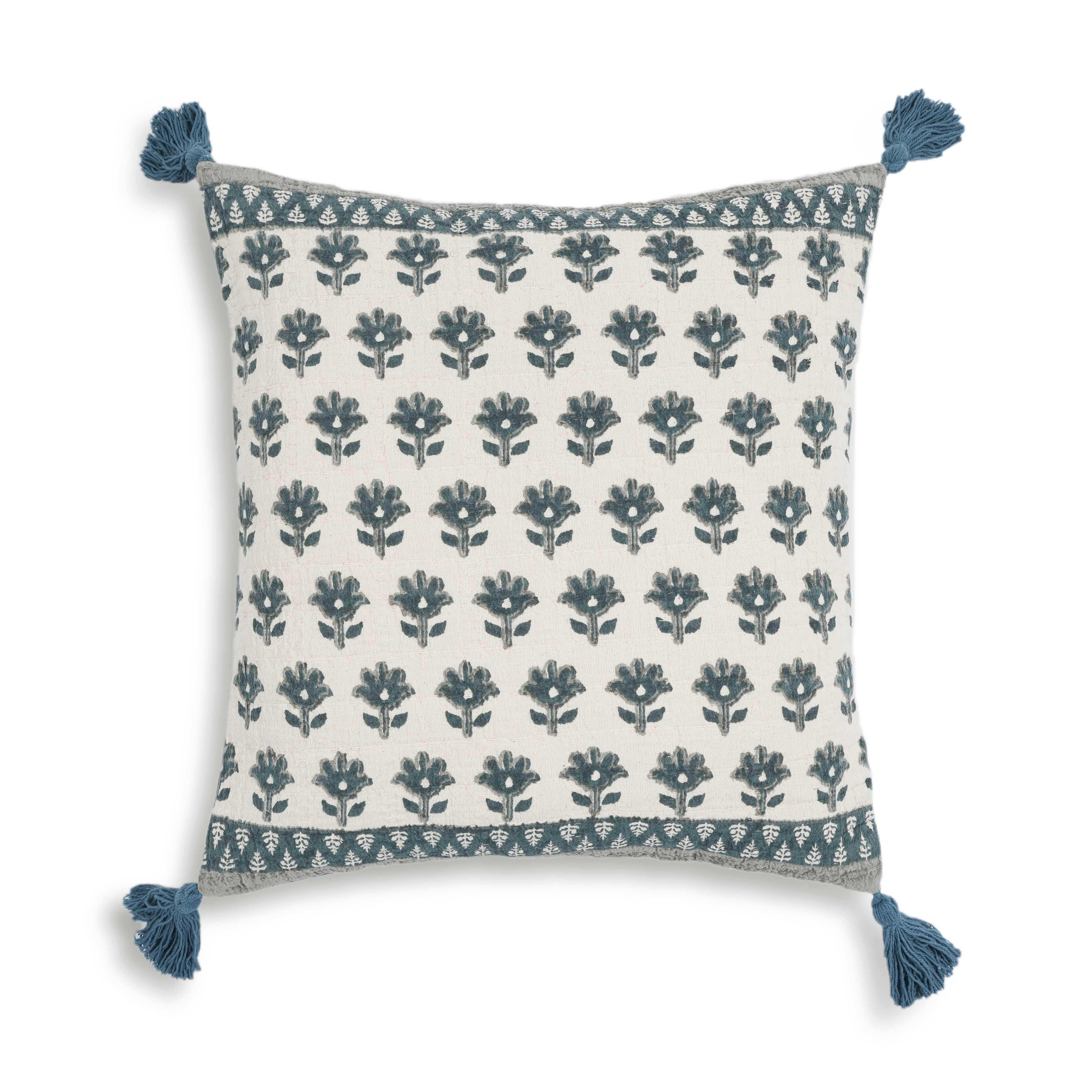 Blossom - Printed Cotton Tassel 20" Accent Cushion - Blue
