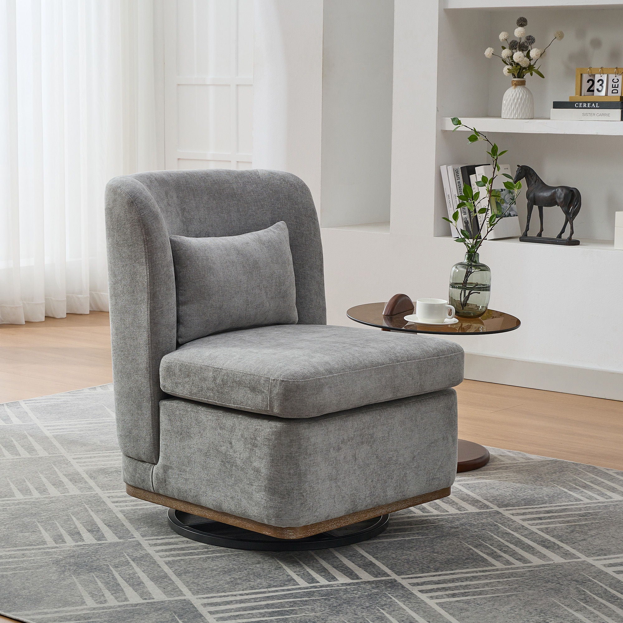 Wide Modern Chenille Cushioned Armless Metal Base 360° Swivel Chair With Pillow