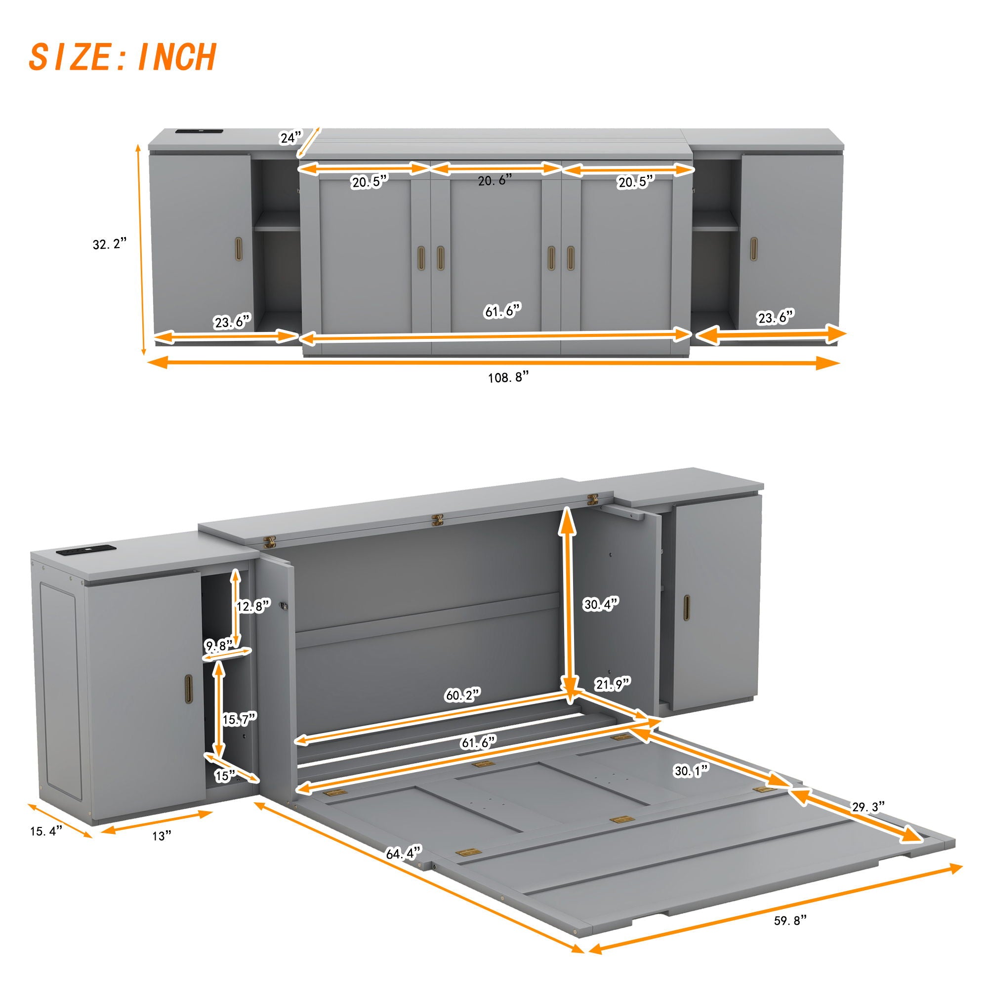 Murphy Bed With Shelves, Cabinets And USB Ports