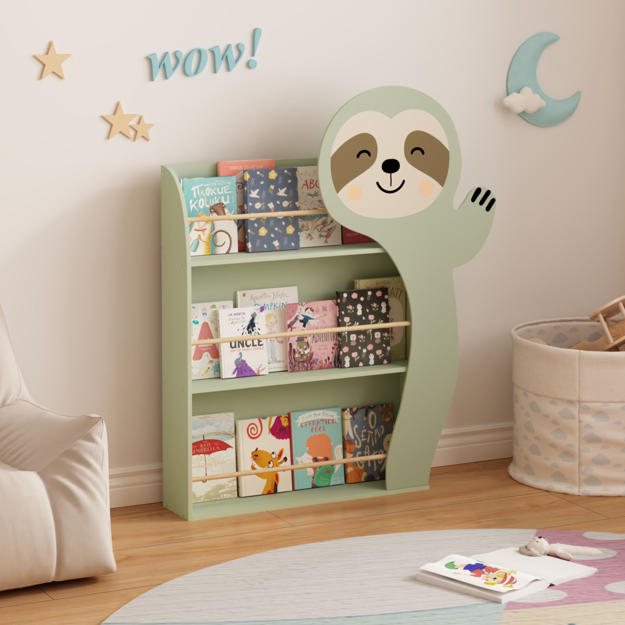 Sloth Bookshelf, Front Facing Toddler Book Display Rack With 3 Tiers, Cute Animal Design - Sage Green