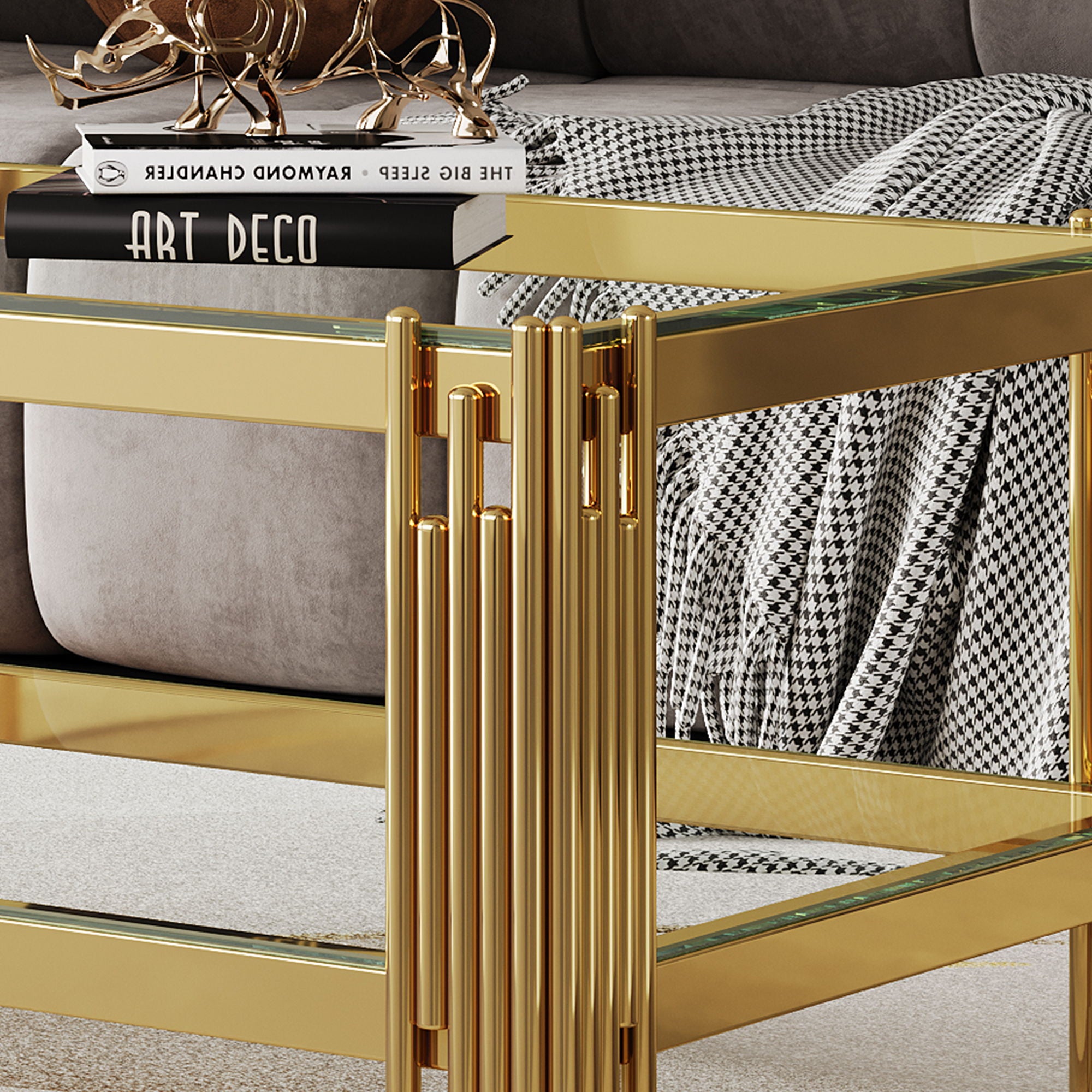 Top And Bottom Double Layer Tempered Glass Table And Mirror Finished Stainless Steel Frame